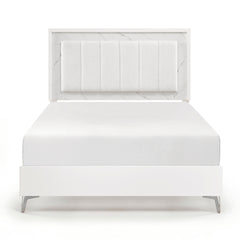 Glam White Queen Panel Bed LED Light Upholstered Headboard Faux Marble Laminated Top Chrome Metal Legs Bedroom Furniture 1pc