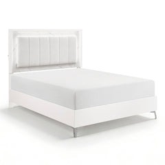 Glam White Queen Panel Bed LED Light Upholstered Headboard Faux Marble Laminated Top Chrome Metal Legs Bedroom Furniture 1pc