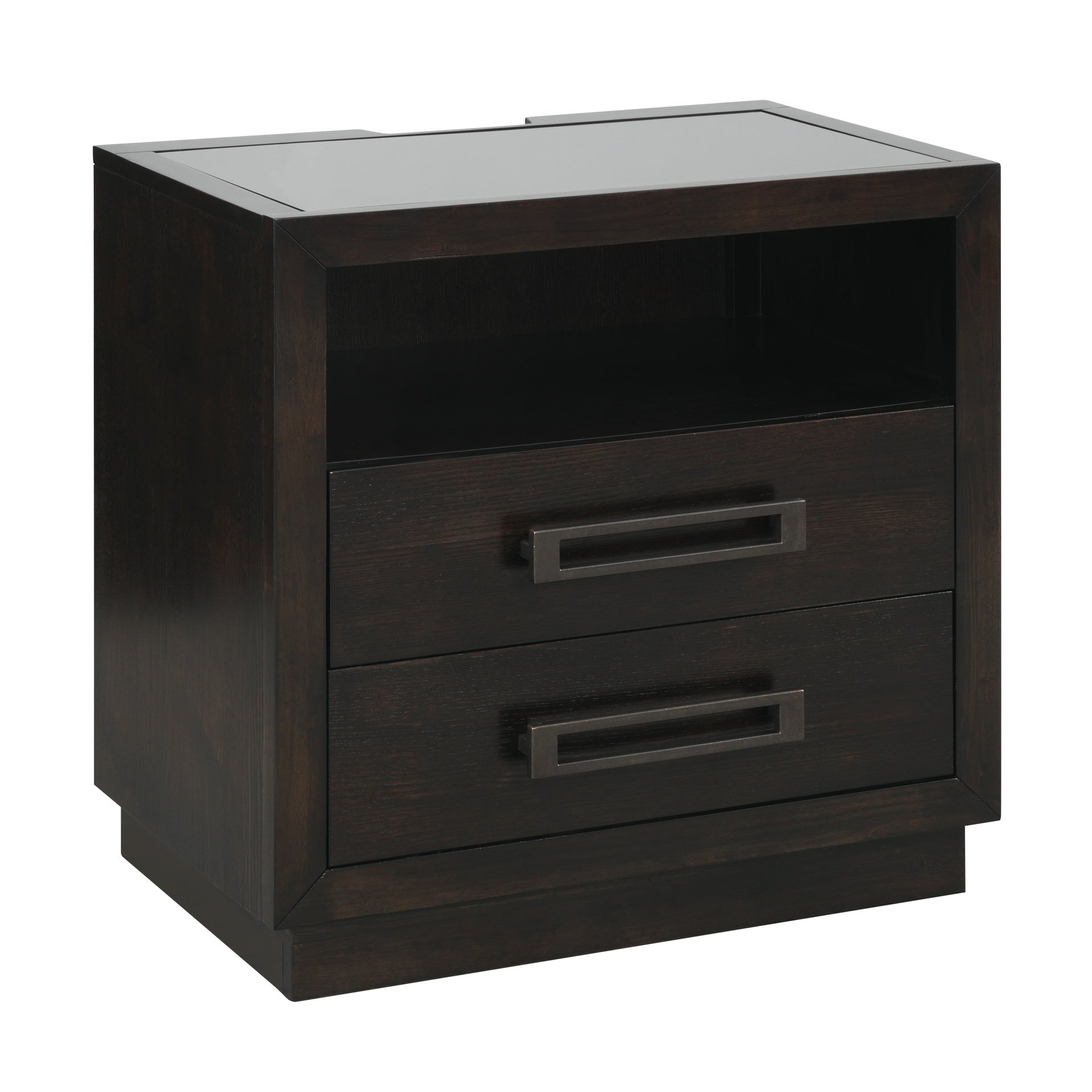 Modern Bedroom Furniture 1pc Nightstand of 2x Drawers LED Light Storage Cubby USB Ports Power Outlets Charcoal Finish Glass Insert Top Stylish Bed-Side Table