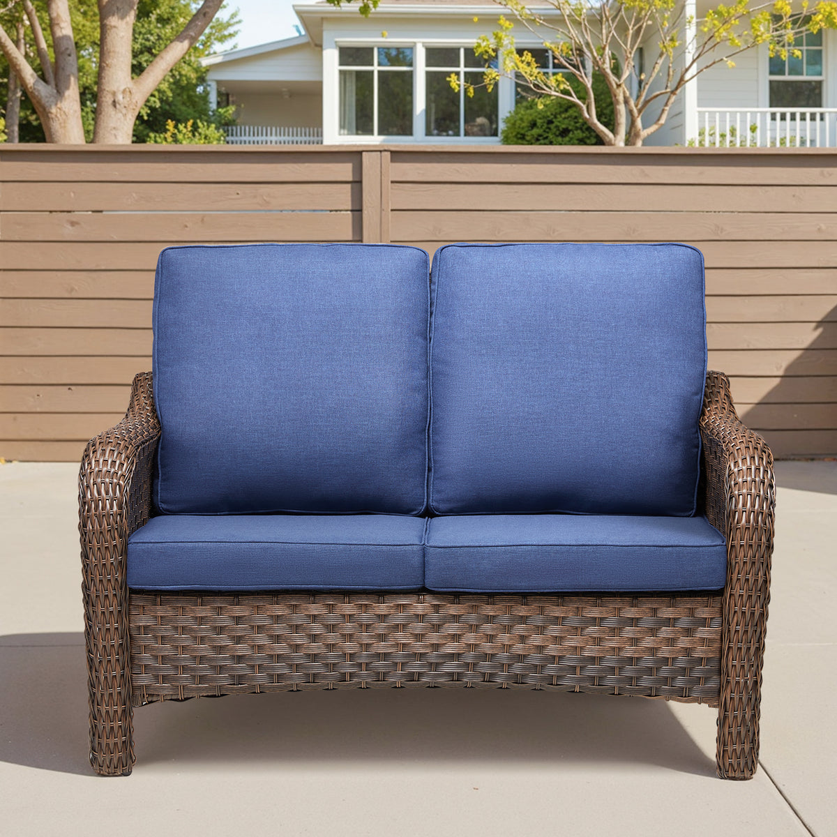 49.6" PE Wicker Rattan Outdoor Furniture Couch, Patio Loveseat with Blue Deep Seat Cushions