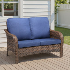 49.6" PE Wicker Rattan Outdoor Furniture Couch, Patio Loveseat with Blue Deep Seat Cushions