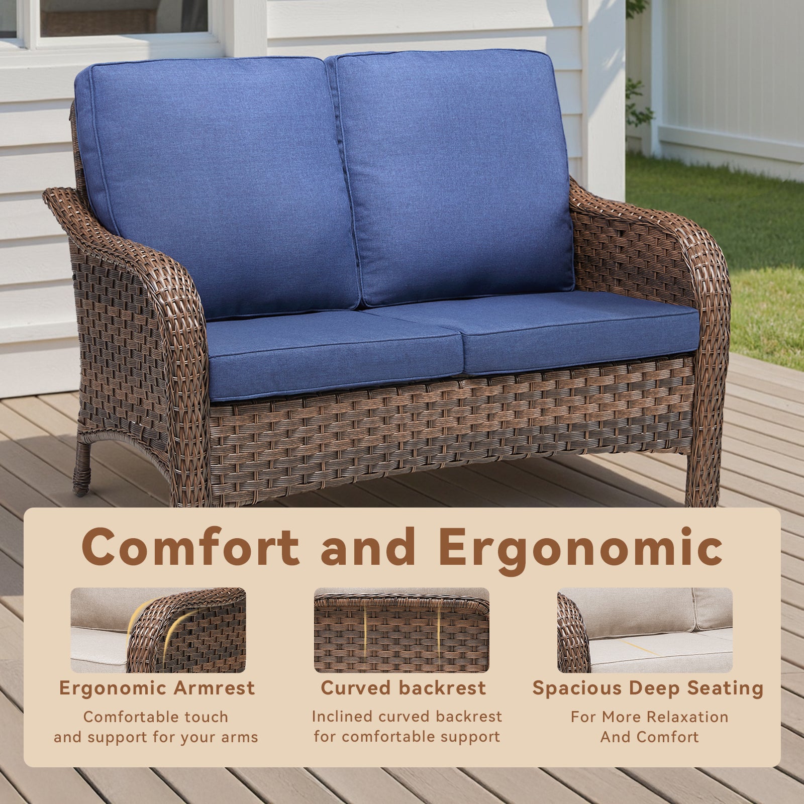 49.6" PE Wicker Rattan Outdoor Furniture Couch, Patio Loveseat with Blue Deep Seat Cushions