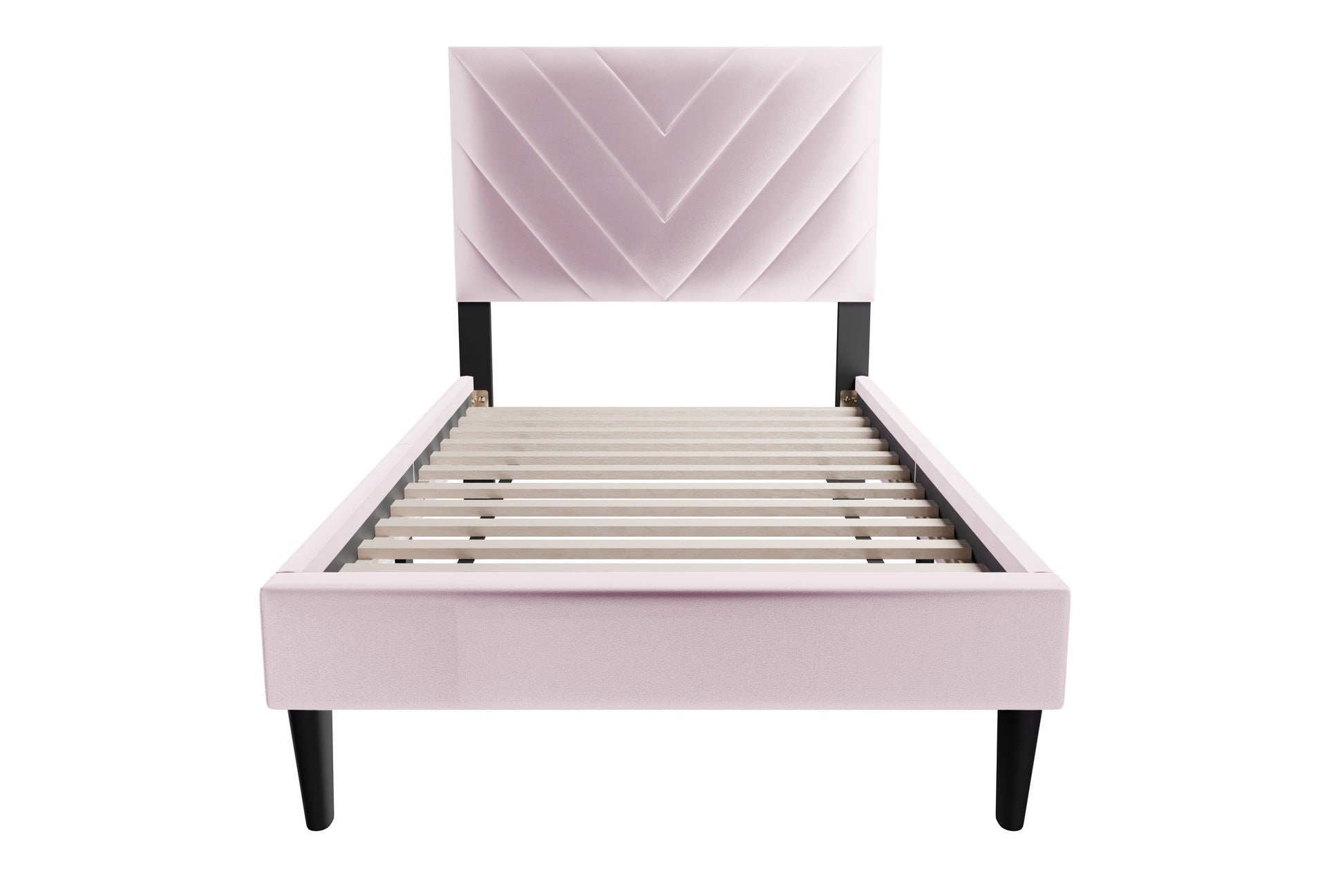 Modern V-Stitching Tufted Design Twin Bed Velvet Upholstered in Light Pink