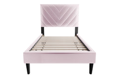 Modern V-Stitching Tufted Design Twin Bed Velvet Upholstered in Light Pink
