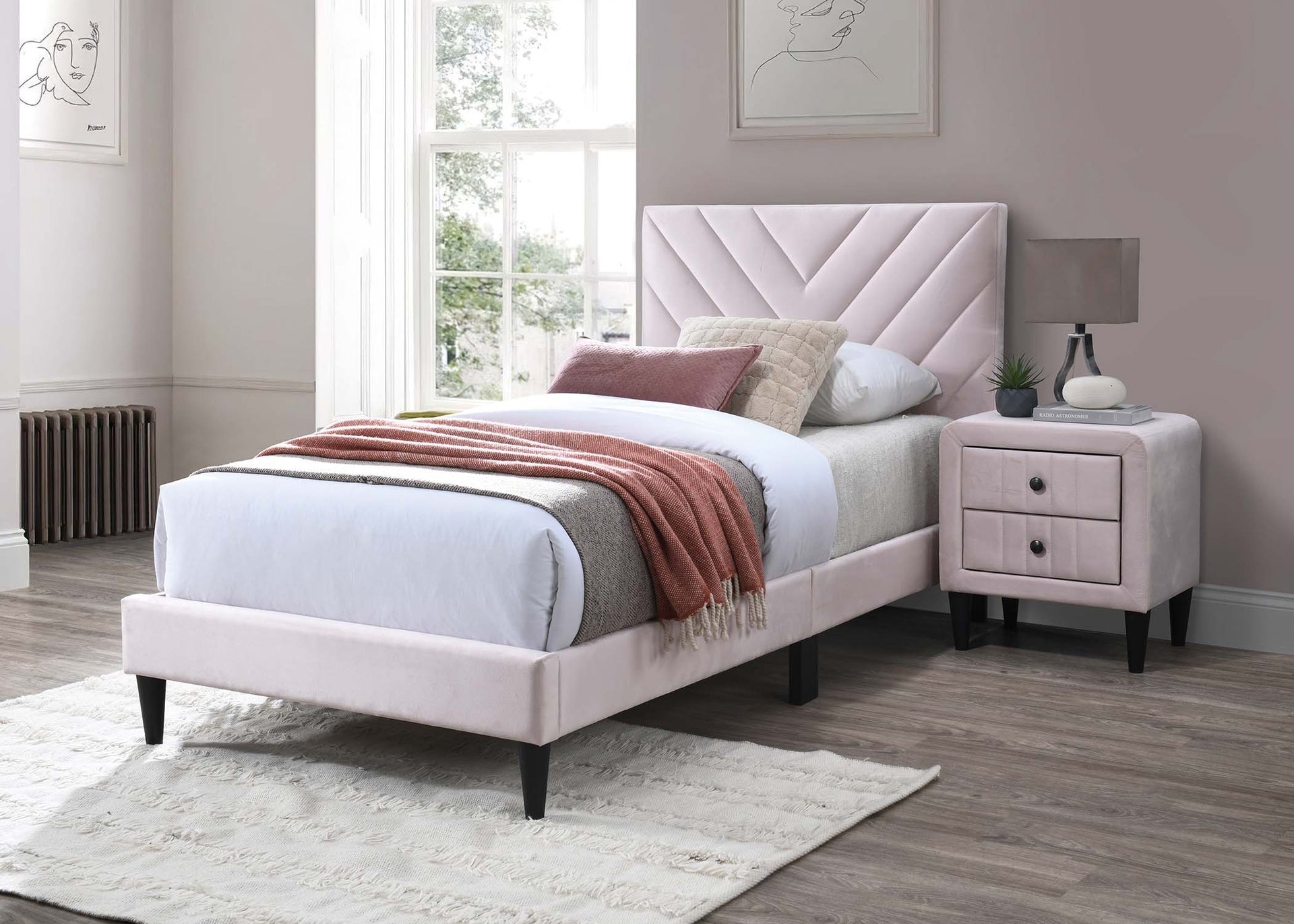 Modern V-Stitching Tufted Design Twin Bed Velvet Upholstered in Light Pink