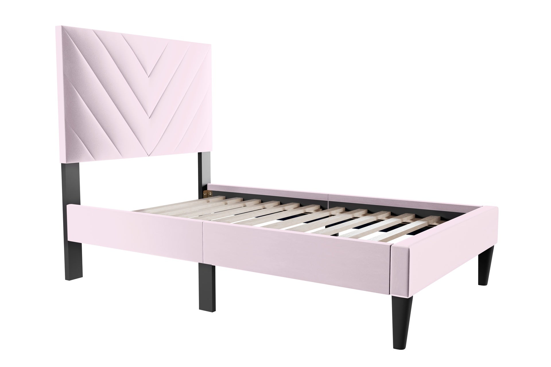 Modern V-Stitching Tufted Design Twin Bed Velvet Upholstered in Light Pink