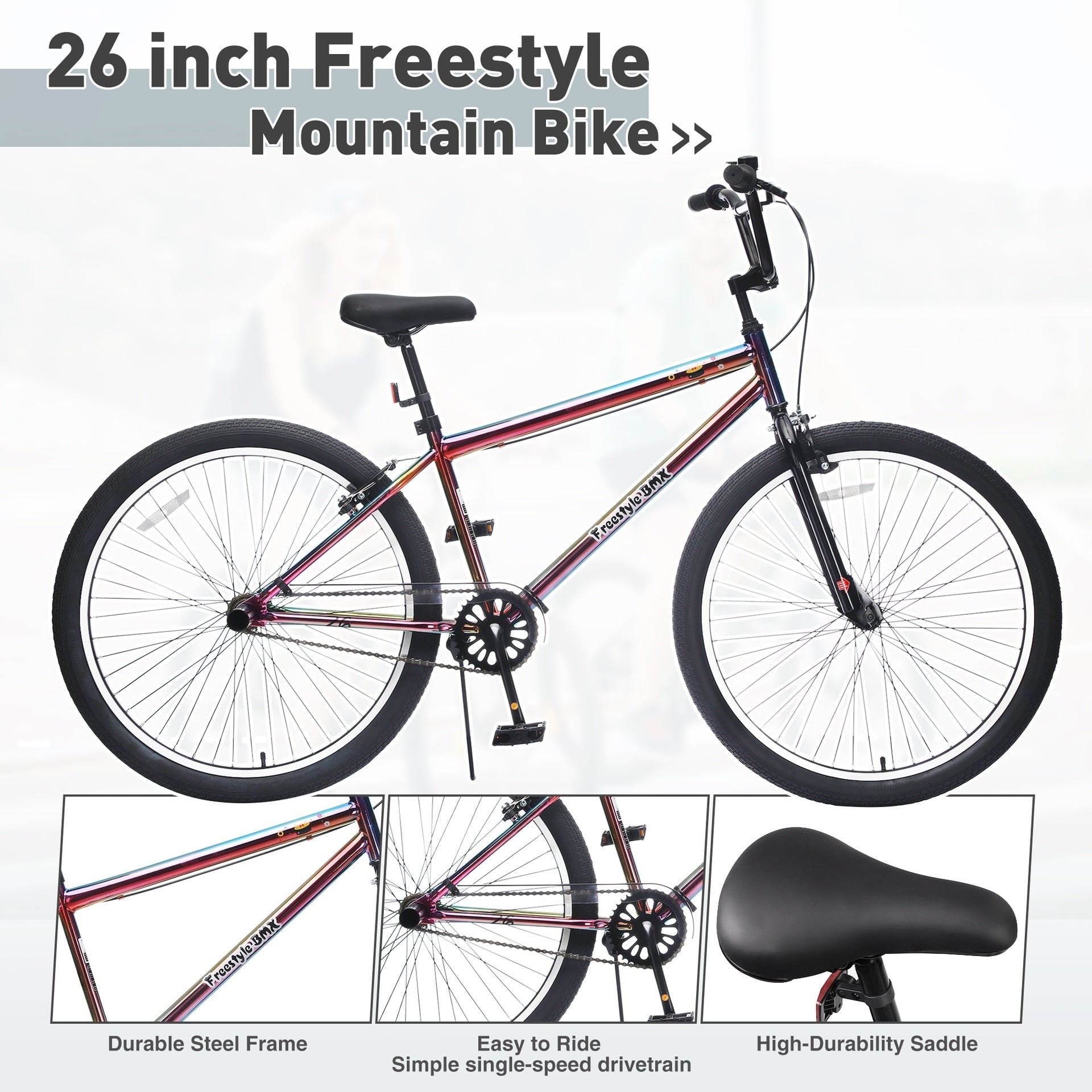 26 Inch Freestyle Bike for Teens, Steel Frame Single-Speed Bicycle with 2 Pegs , Front Caliper Brake and Rear V Brake, Bicycle for Boys and Girls Ages 14+
