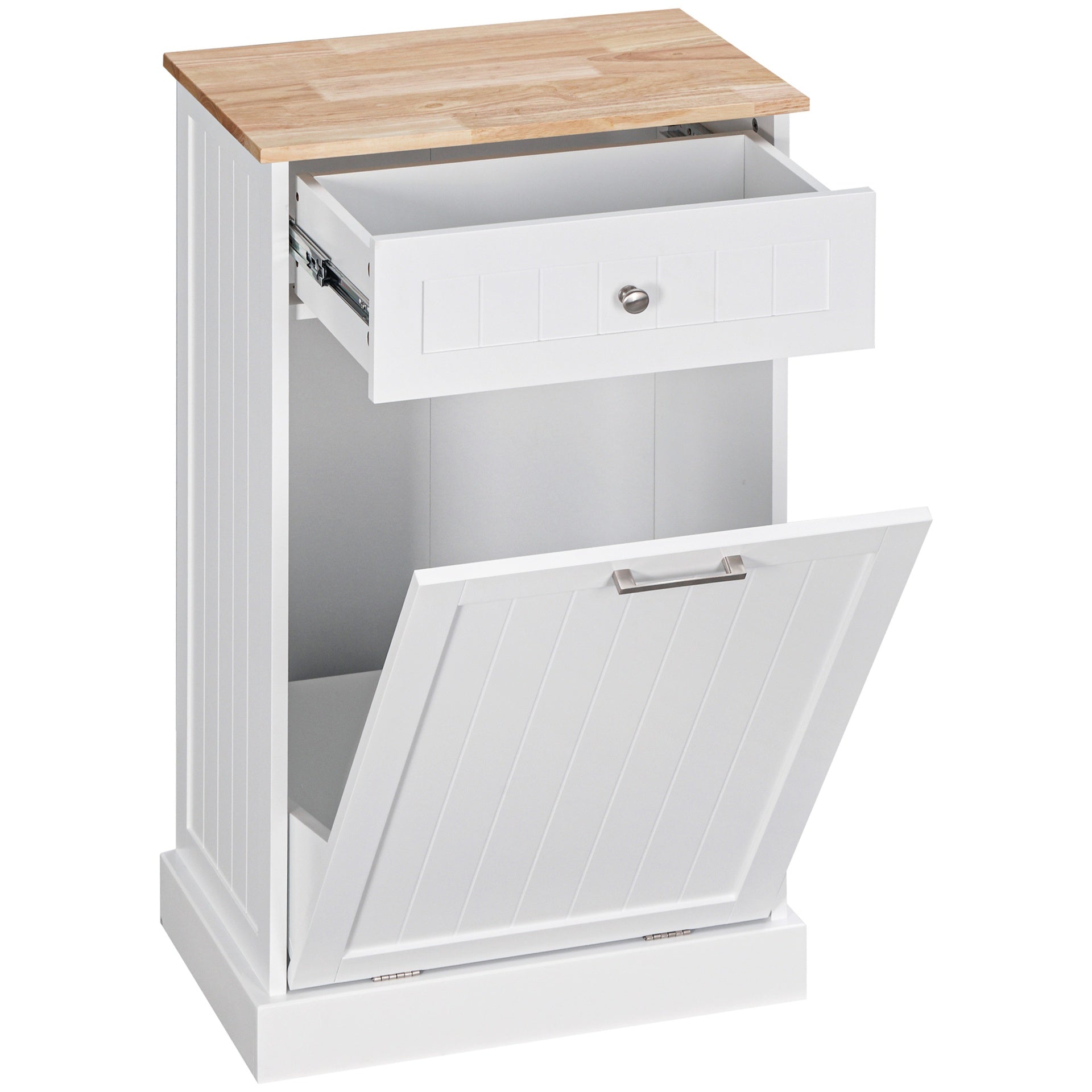 HOMCOM Kitchen Tilt Out Trash Bin Cabinet Free Standing Recycling Cabinet Trash Can Holder With Drawer, White