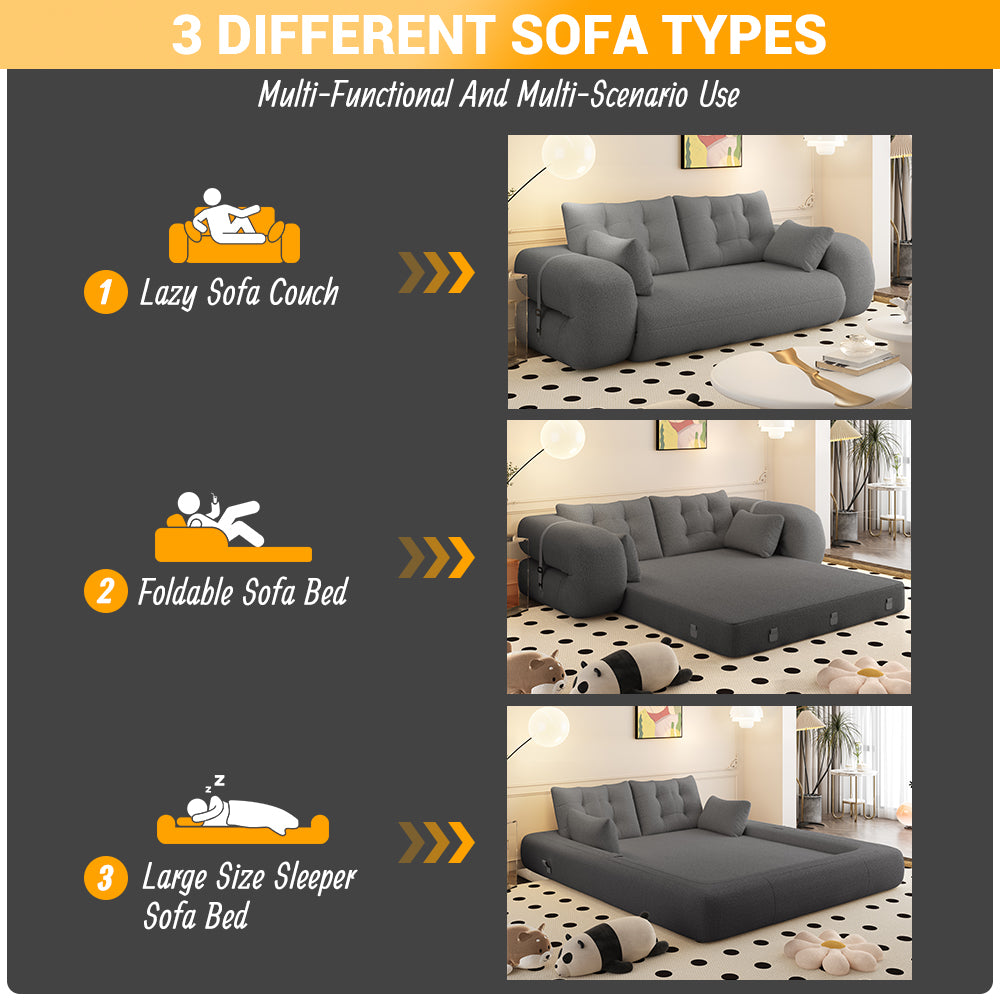 Human Dog Bed, Lazy Sofa Couch, 78.7" Multi-Functional Foldable Sofa Bed, 3-in-1 Teddy Fabric Foam-Filled Sleeper Sofa Bed for Living Room,Guest Bed,Playroom,GREY