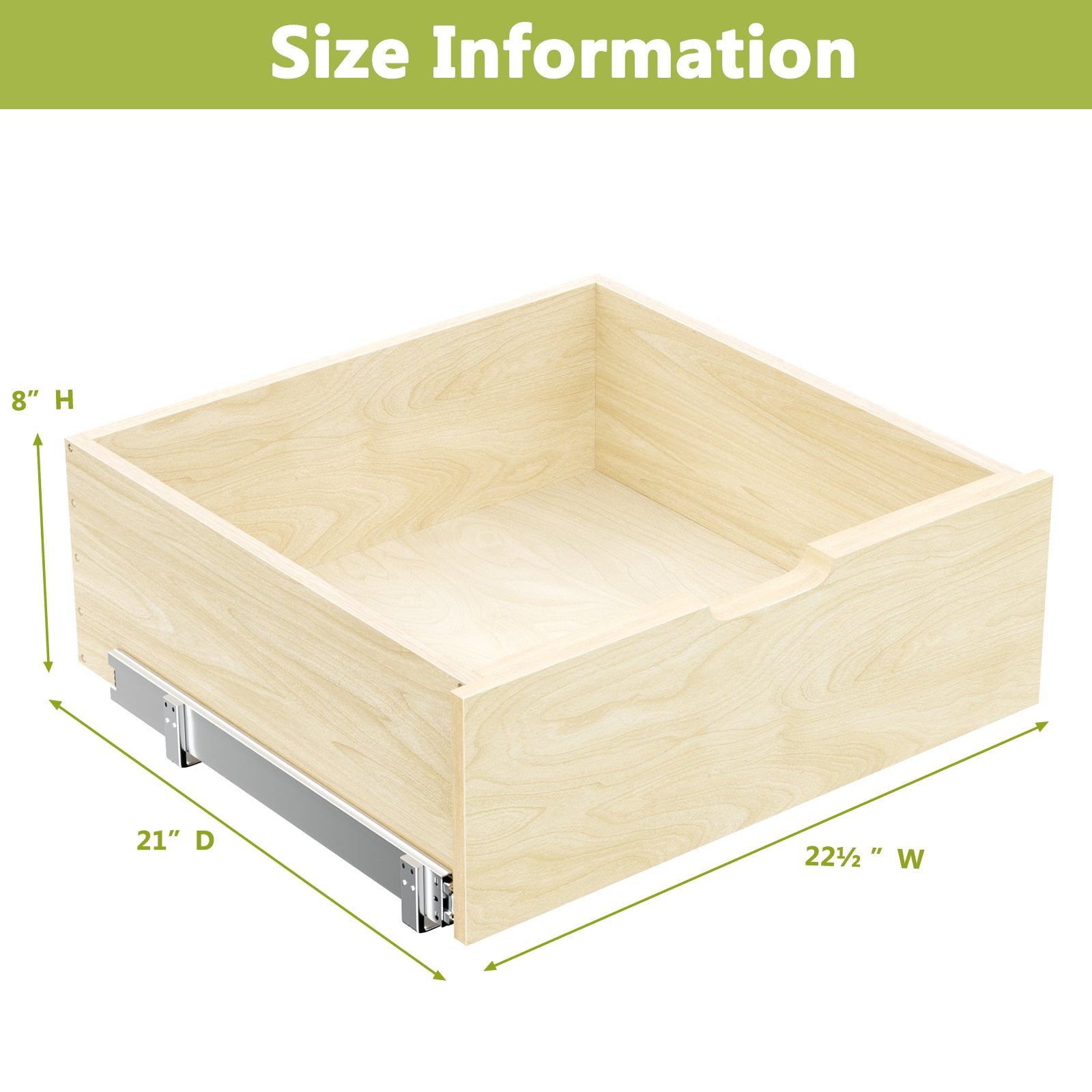 Hard Close Pull Out Cabinet Organizer 8" High Drawer 22½" W x 21" D Wood Slide Out Shelves Cabinet Storage Organizer with Full Extension Rail Slides Pull Out Drawer for Kitchens Cabinet Pantry