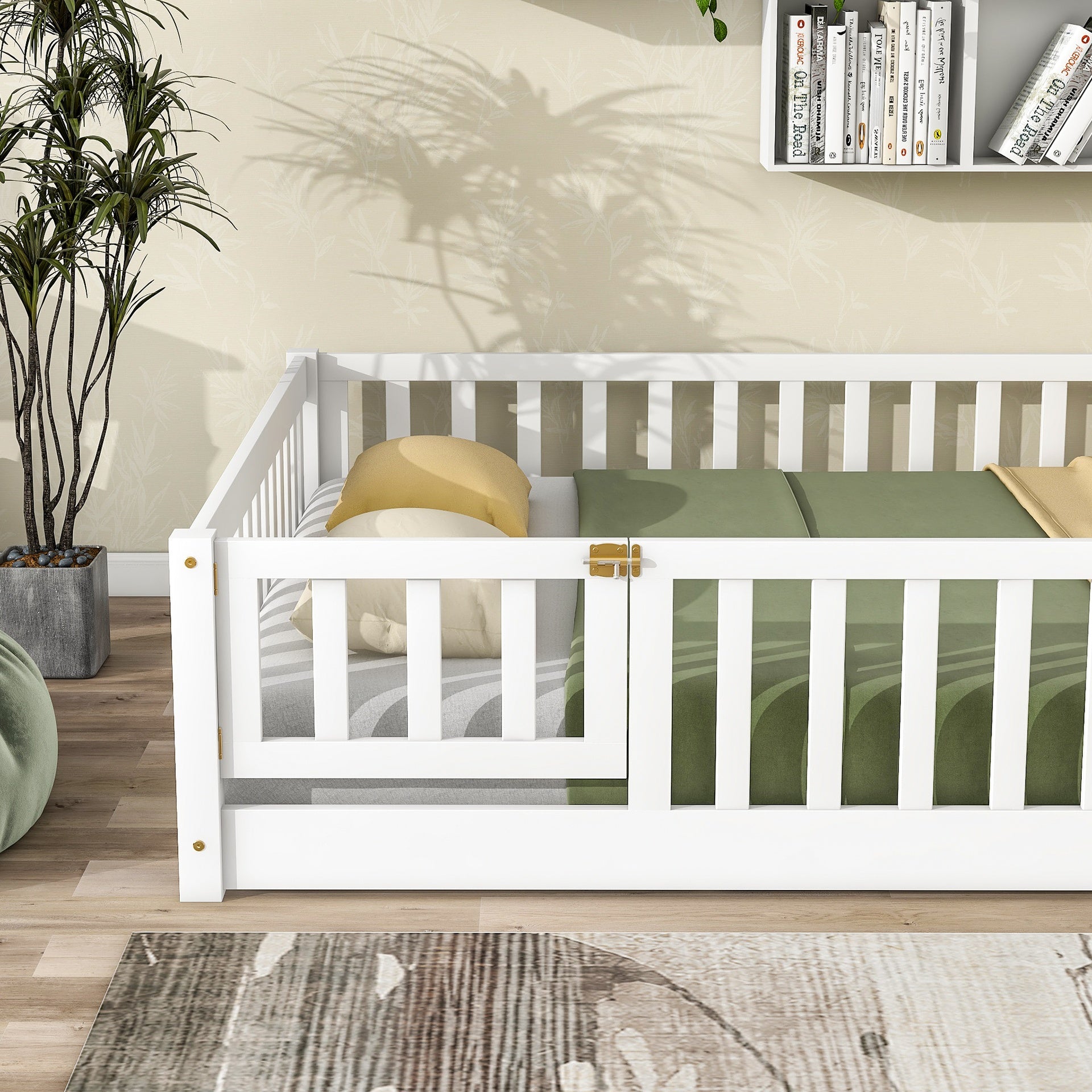 Full Size Floor Bed with Fence and Door,Rubber Wood Floor Bed with Safety Guardrails,White