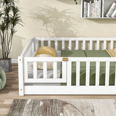 Full Size Floor Bed with Fence and Door,Rubber Wood Floor Bed with Safety Guardrails,White