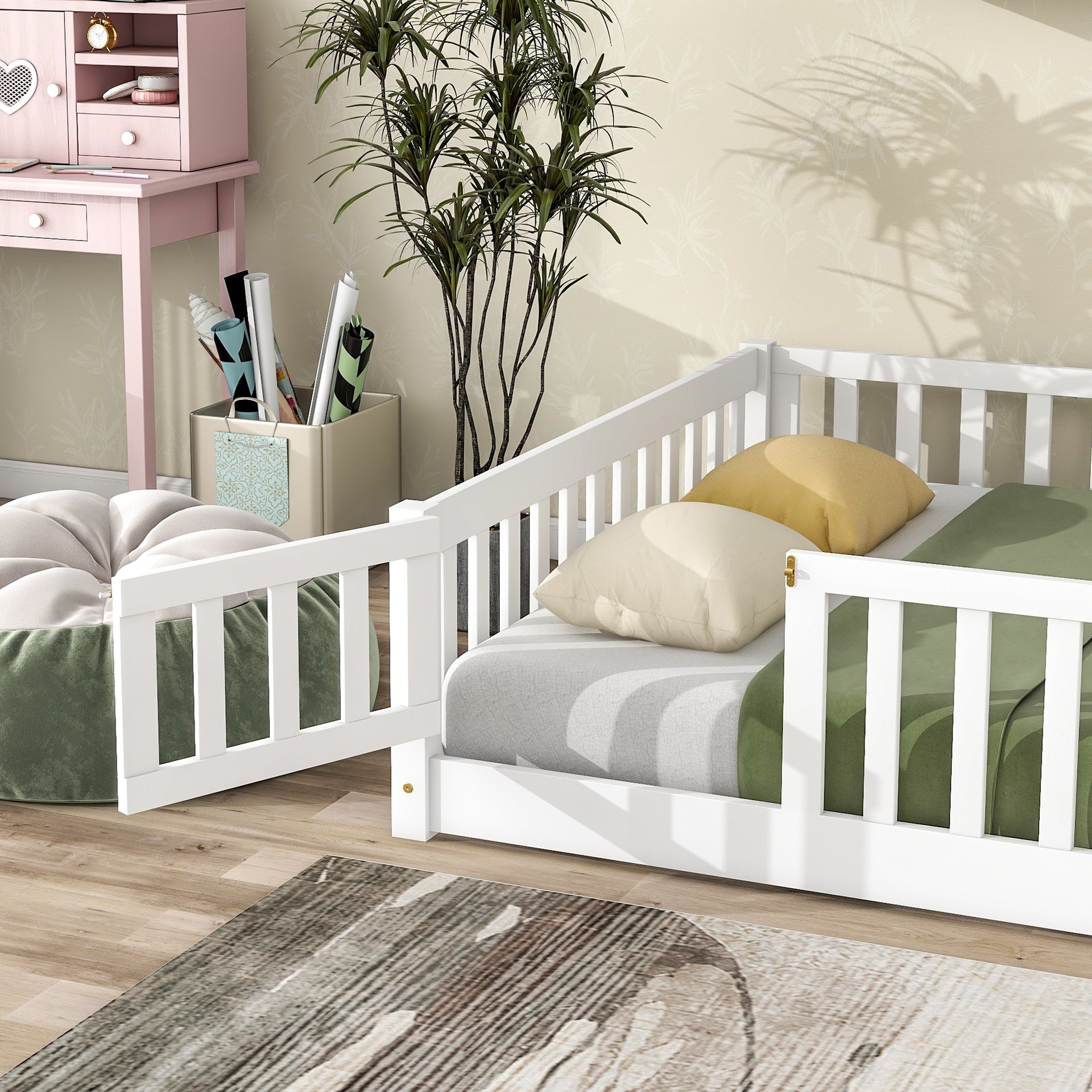 Full Size Floor Bed with Fence and Door,Rubber Wood Floor Bed with Safety Guardrails,White