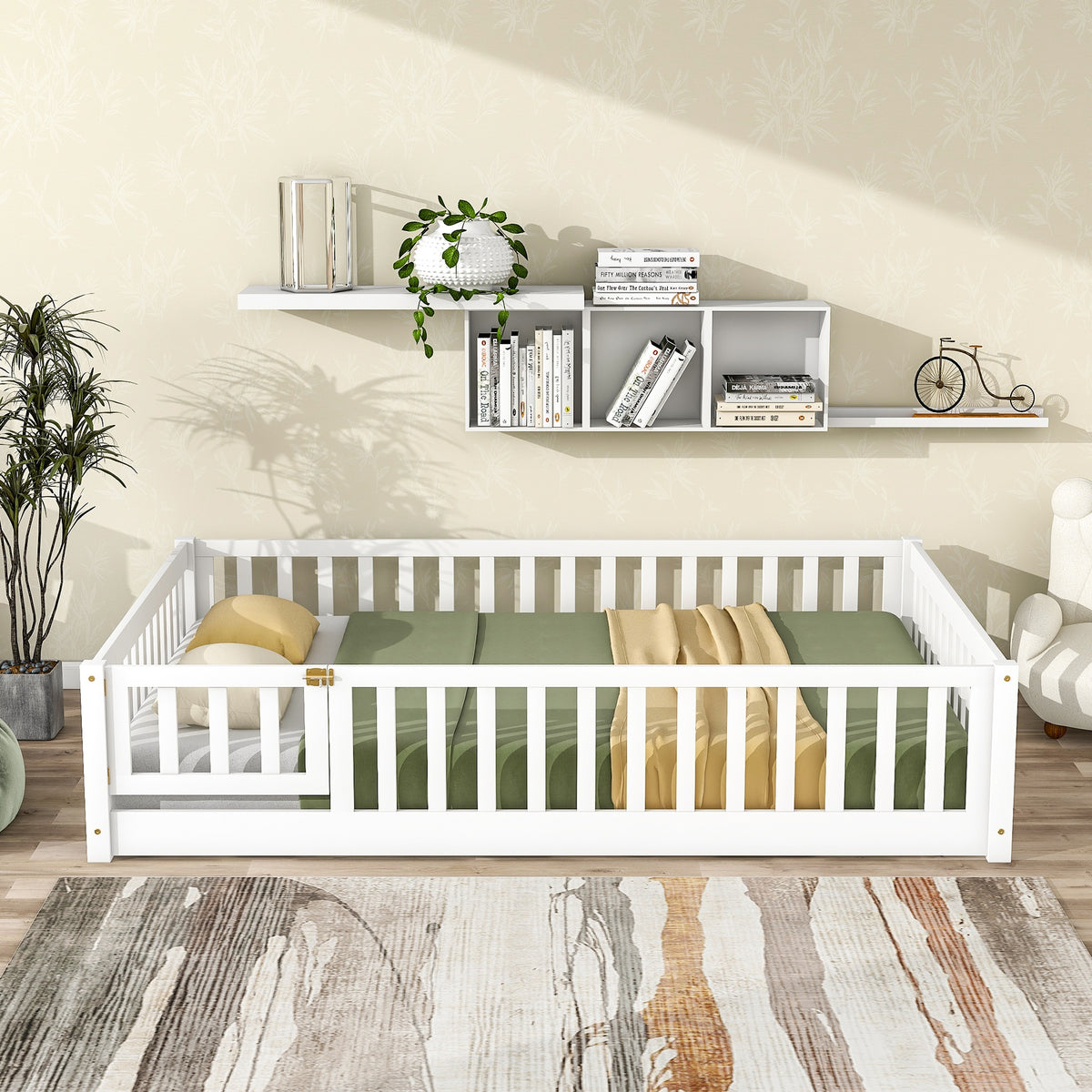 Full Size Floor Bed with Fence and Door,Rubber Wood Floor Bed with Safety Guardrails,White