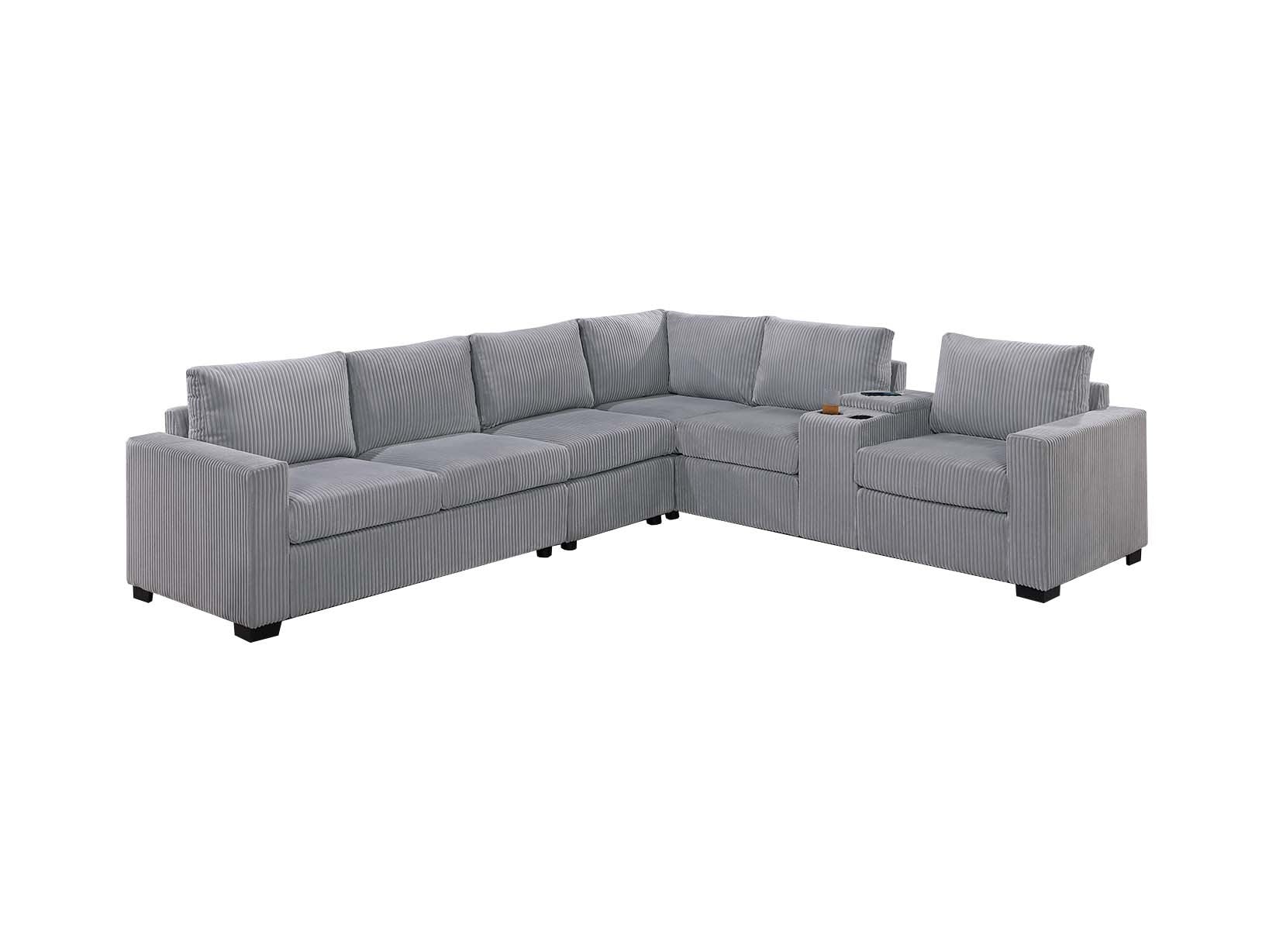 Modern Large Family Light Gray Corduroy 6pc Sectional Set Living Room One Arm Loveseat Wedge Console Armless Chair Couch Set