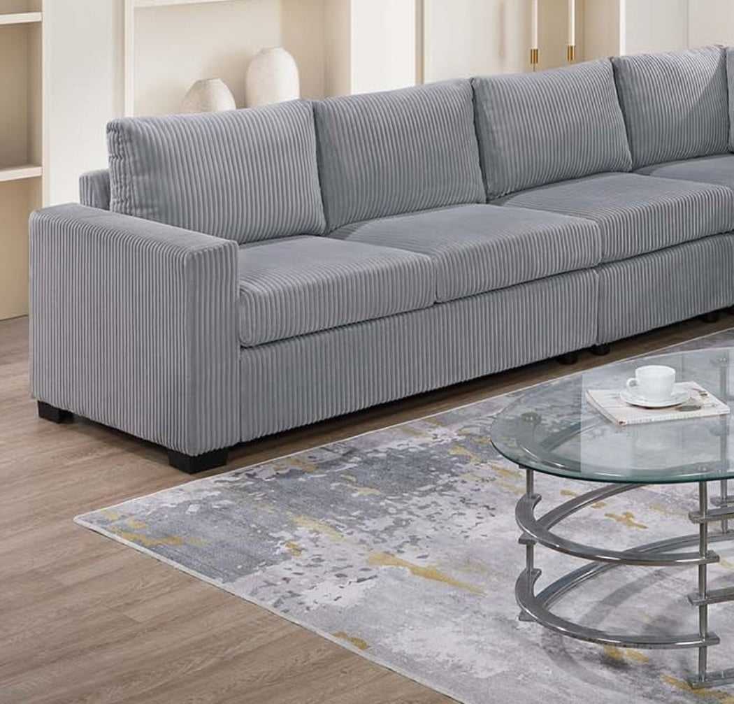 Modern Large Family Light Gray Corduroy 6pc Sectional Set Living Room One Arm Loveseat Wedge Console Armless Chair Couch Set