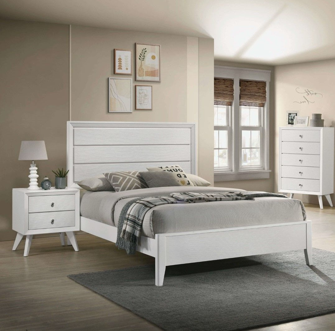 White Cal King Size Bed 2x Nightstands Wave Texture Panel HB Bedroom Furniture Contemporary 3pc Set