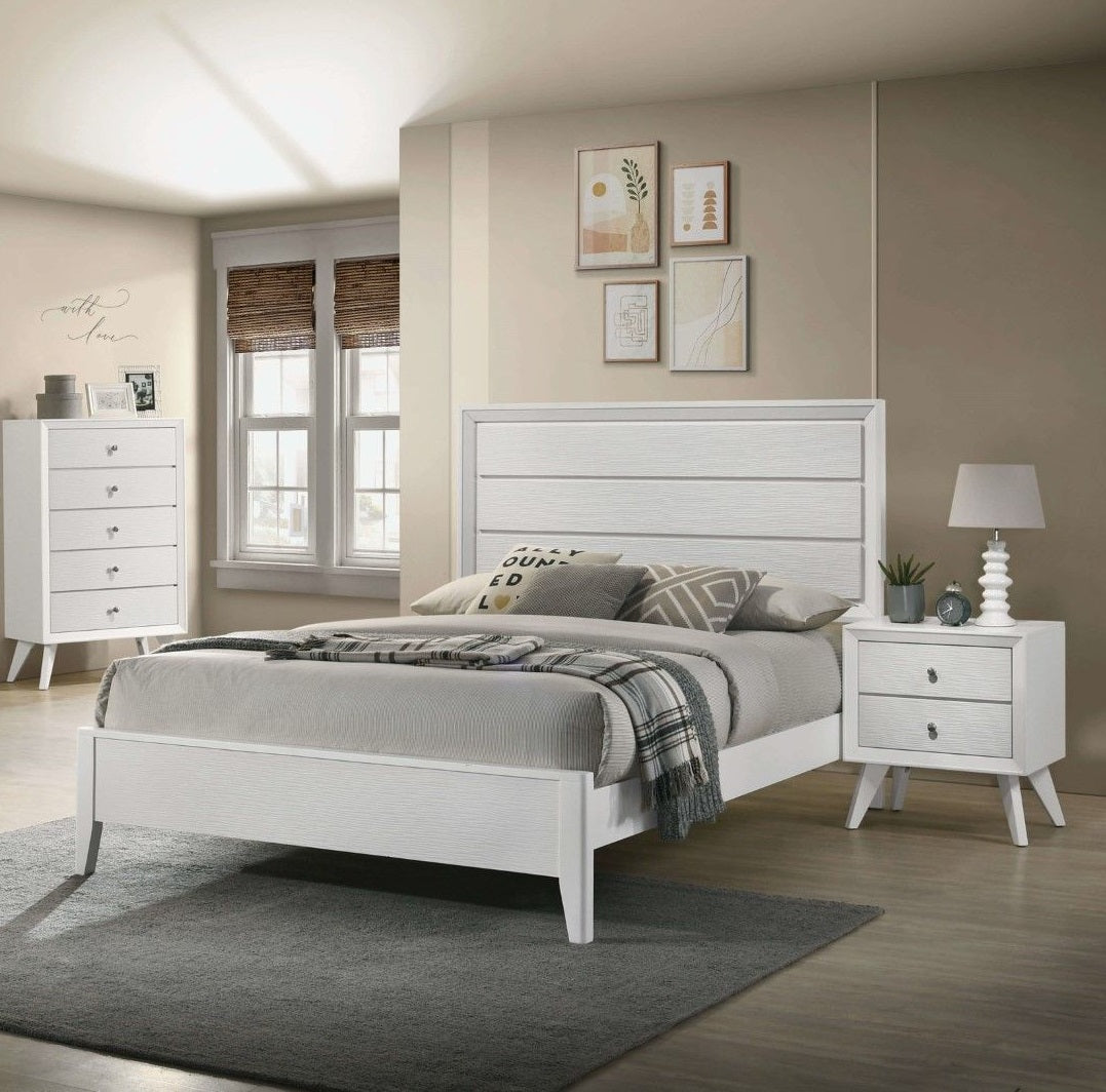 White Cal King Size Bed 2x Nightstands Wave Texture Panel HB Bedroom Furniture Contemporary 3pc Set