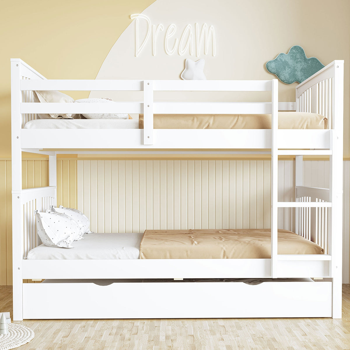 Full over Full Bunk Bed with Twin Size Trundle and Ladder-White