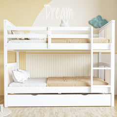 Full over Full Bunk Bed with Twin Size Trundle and Ladder-White