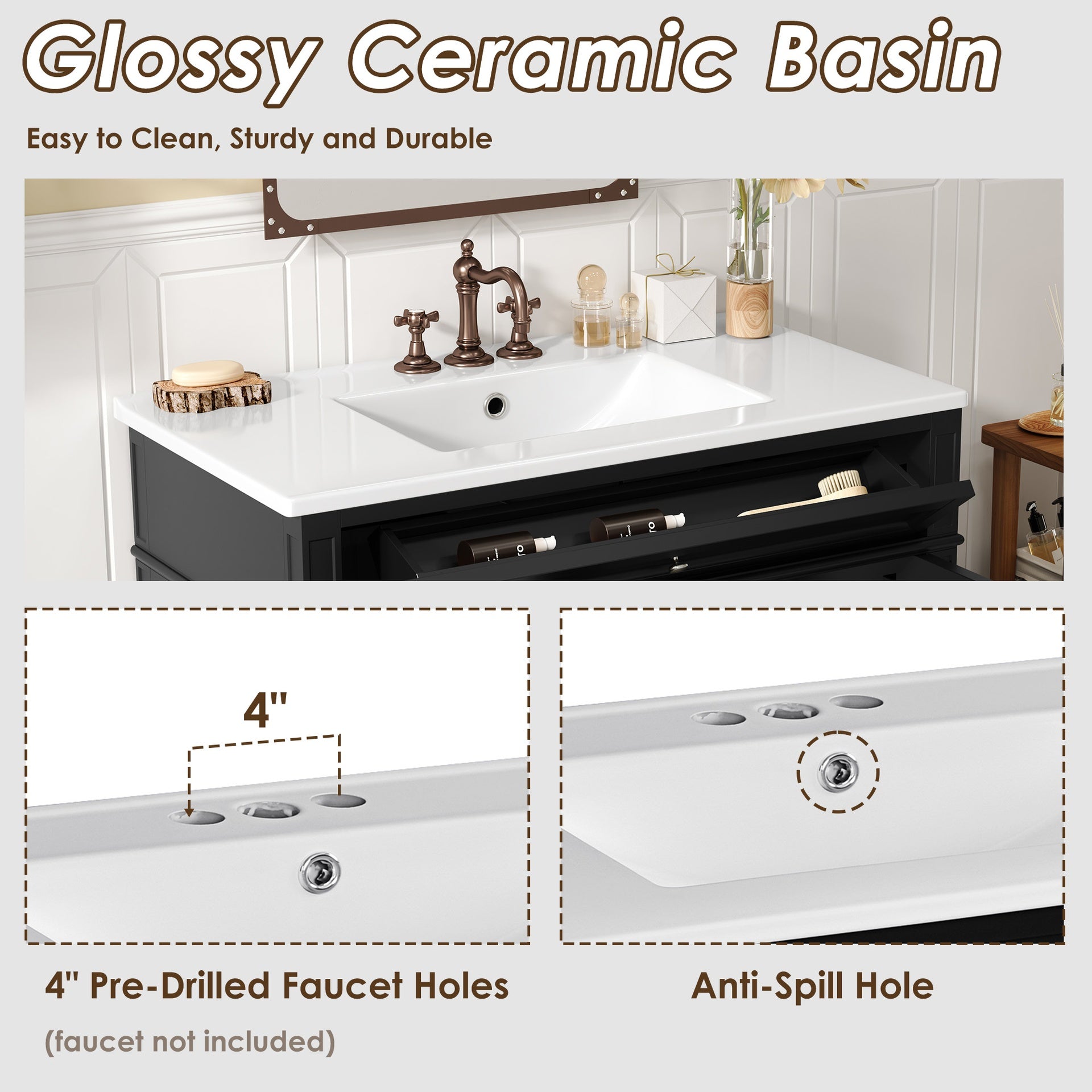 36'' Bathroom Vanity with Top Sink, Modern Bathroom Storage Cabinet with 2 Drawers and a Tip-out Drawer, Single Sink Bathroom Vanity