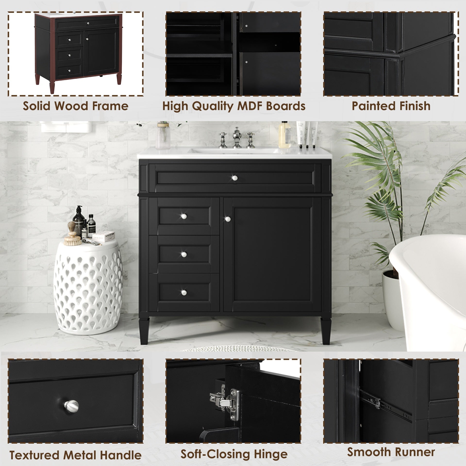 36'' Bathroom Vanity with Top Sink, Modern Bathroom Storage Cabinet with 2 Drawers and a Tip-out Drawer, Single Sink Bathroom Vanity