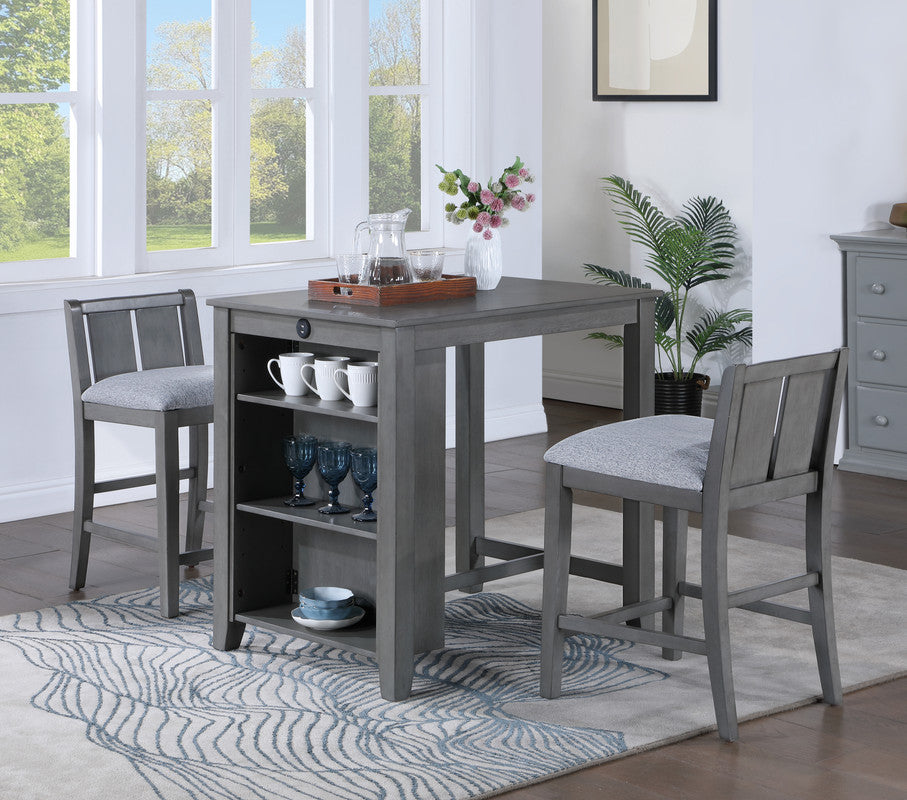 Gregorio 36" 3-Piece Gray Finish Small Space Counter Height Dining Table with Shelves and 2 Chairs