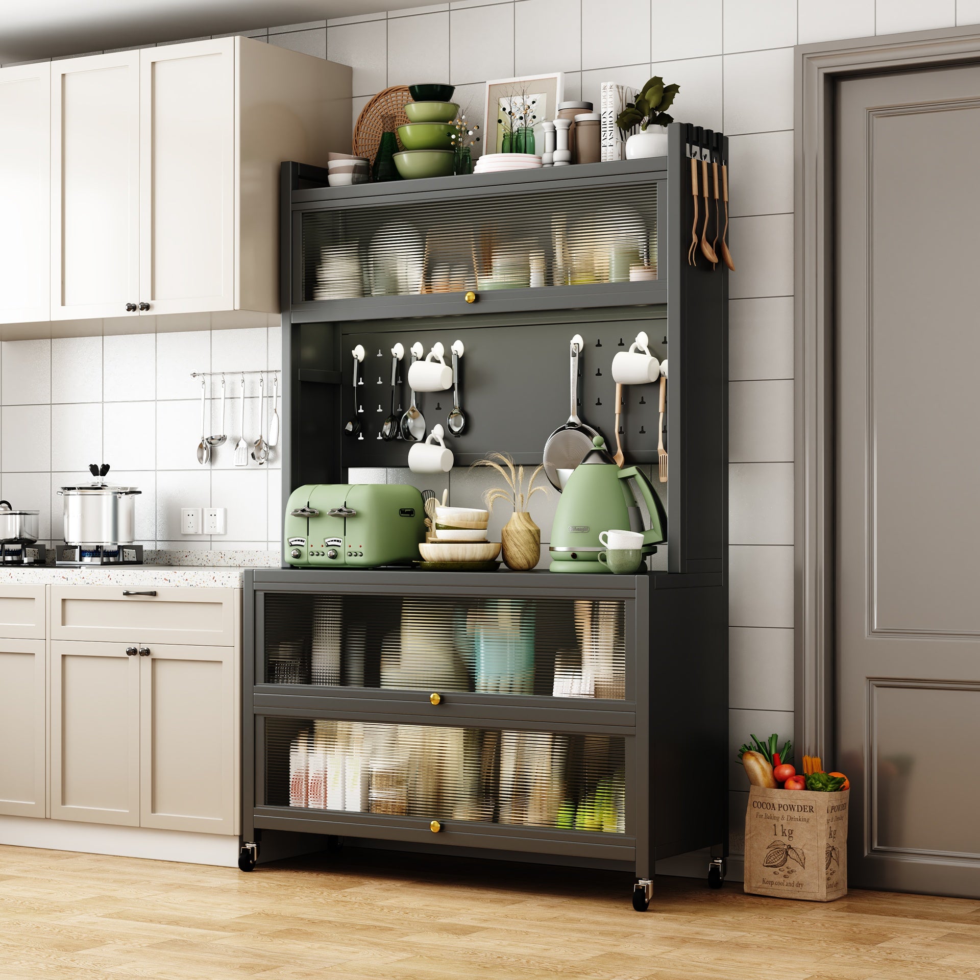 65'' Tall Kitchen Bakers Rack with Flip Door Cabinet, 5 Tier Multifunctional Microwave Stand Buffet, Coffee Bar, Quick Assembly, Gray