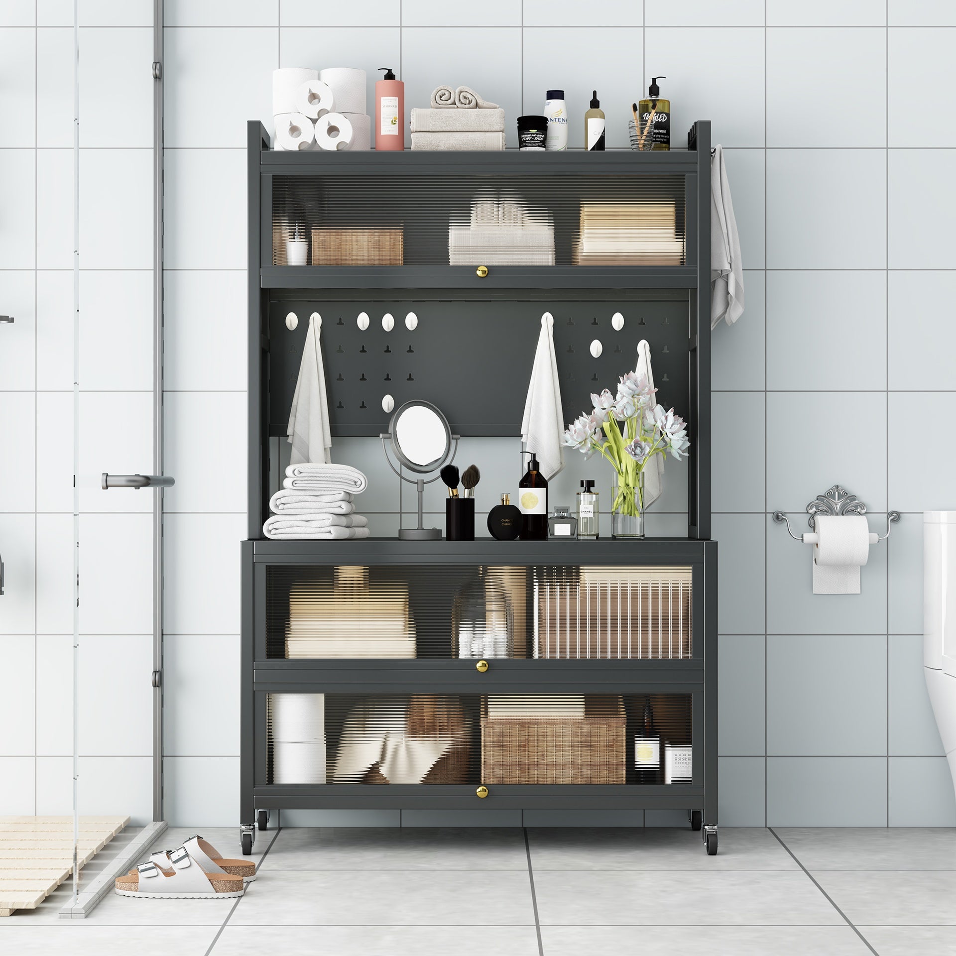 65'' Tall Kitchen Bakers Rack with Flip Door Cabinet, 5 Tier Multifunctional Microwave Stand Buffet, Coffee Bar, Quick Assembly, Gray