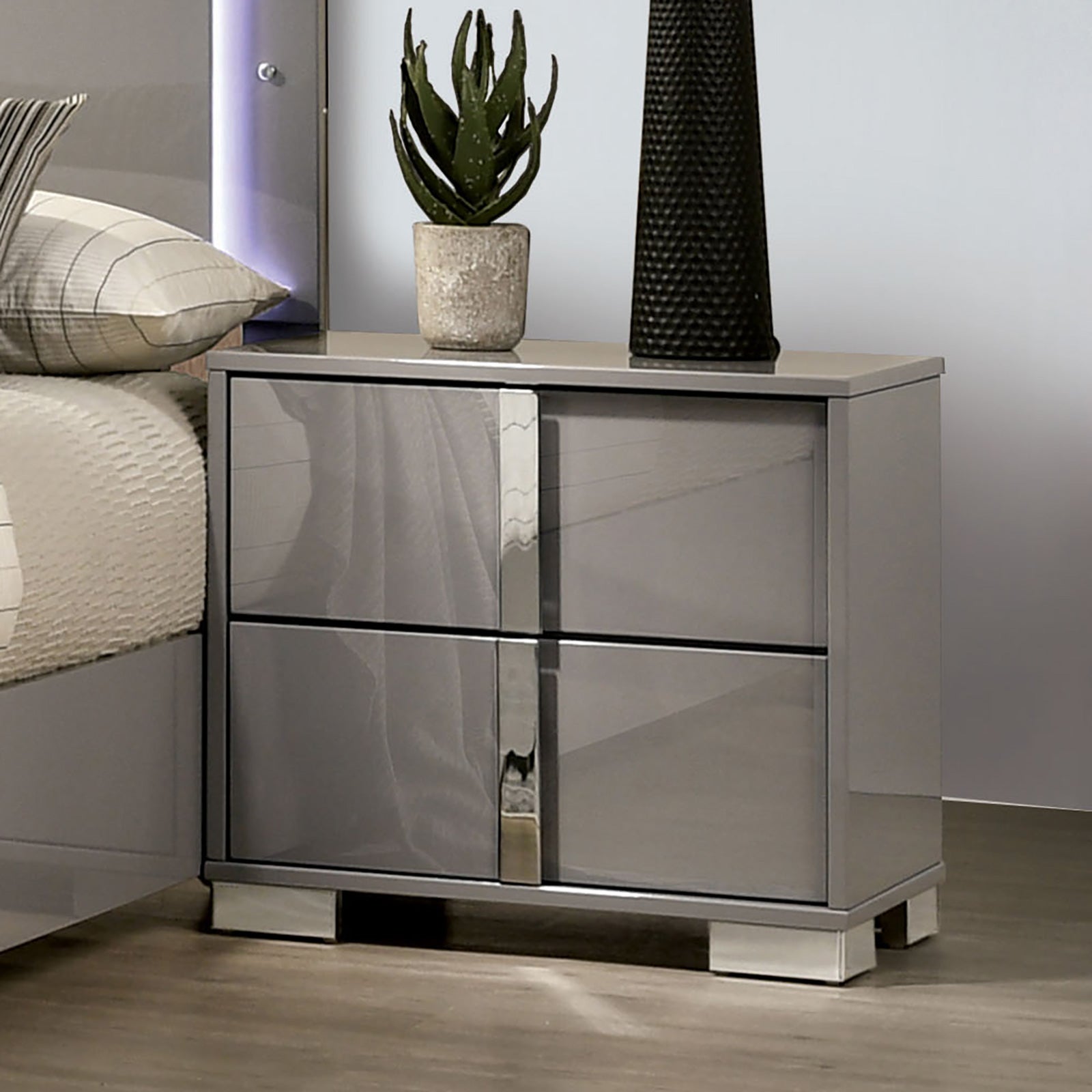 Light Taupe Modern Gorgeous 1pc Bedside Table Bedroom Nightstand Chrome Legs