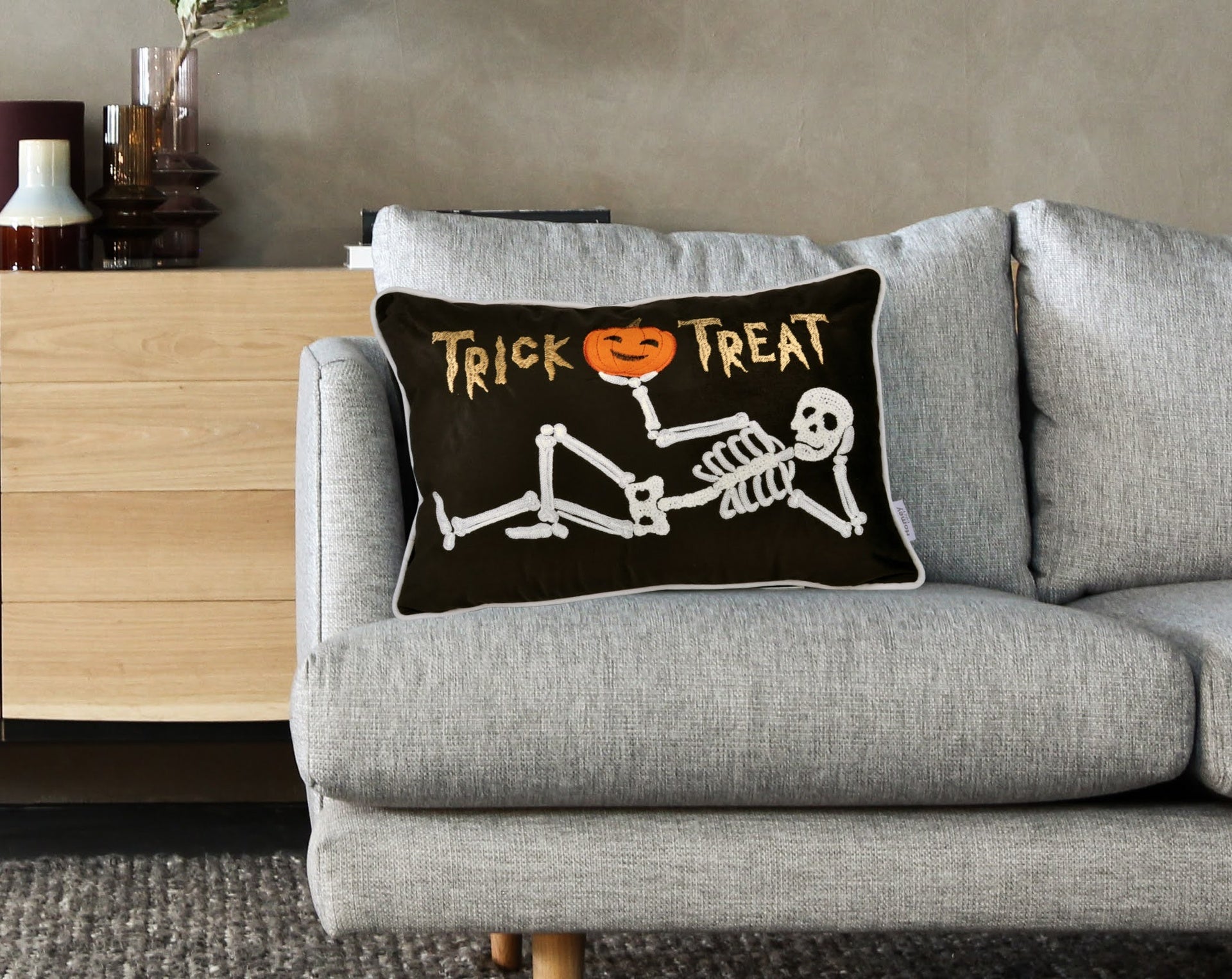 Trick or Treat Skeleton Velvet Throw Pillow – Halloween Lumbar Accent