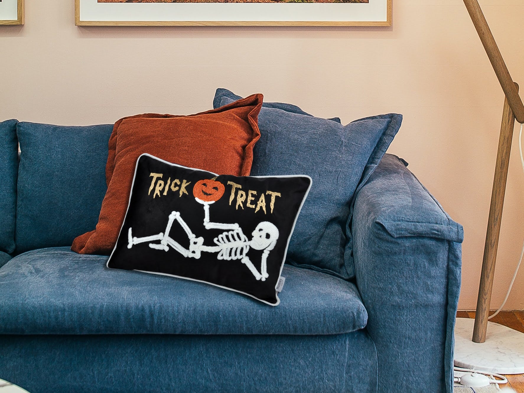 Trick or Treat Skeleton Velvet Throw Pillow – Halloween Lumbar Accent
