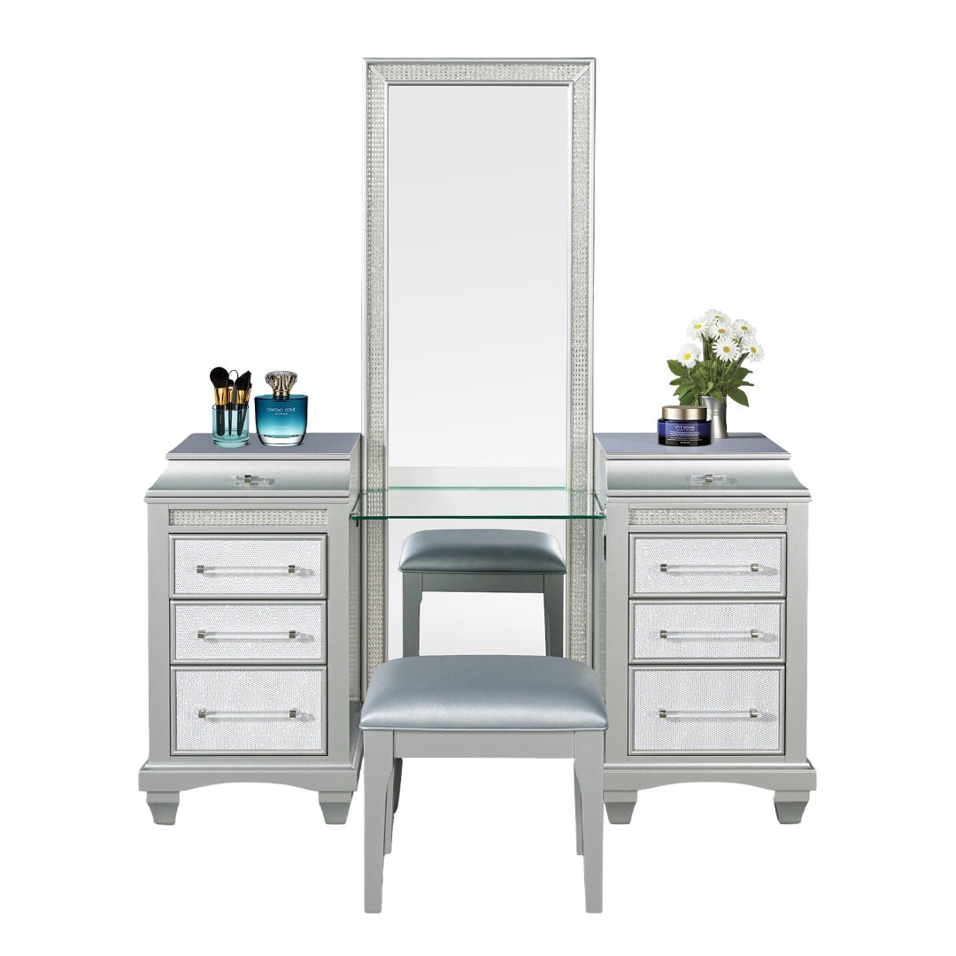 Glam Style Vanity w/ Stool Set Acrylic Handles Felt Lined Top Drawers Ball Bearing Glides Power Outlet LED On Mirror Gray Finish Bedroom Furniture