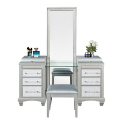 Glam Style Vanity w/ Stool Set Acrylic Handles Felt Lined Top Drawers Ball Bearing Glides Power Outlet LED On Mirror Gray Finish Bedroom Furniture