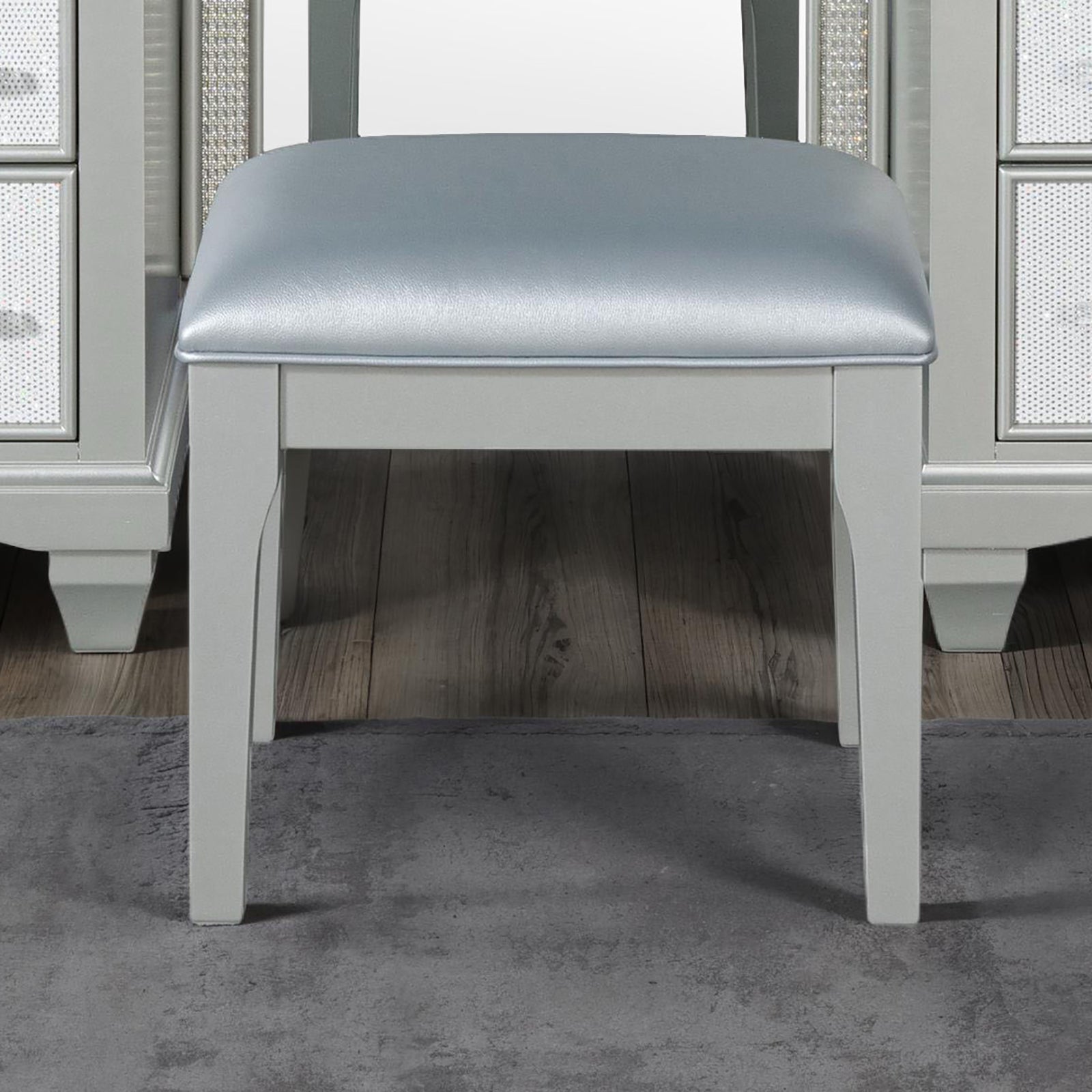 Glam Style Vanity w/ Stool Set Acrylic Handles Felt Lined Top Drawers Ball Bearing Glides Power Outlet LED On Mirror Gray Finish Bedroom Furniture