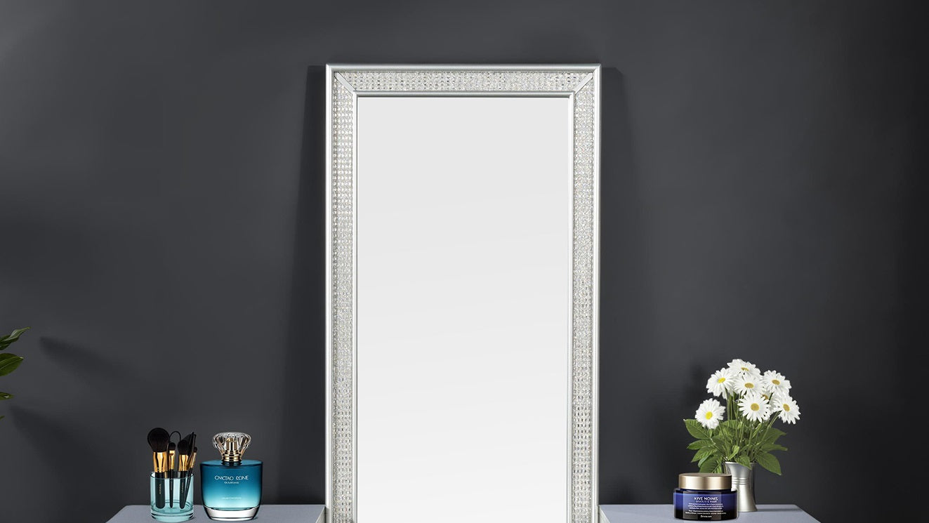 Glam Style Vanity w/ Stool Set Acrylic Handles Felt Lined Top Drawers Ball Bearing Glides Power Outlet LED On Mirror Gray Finish Bedroom Furniture