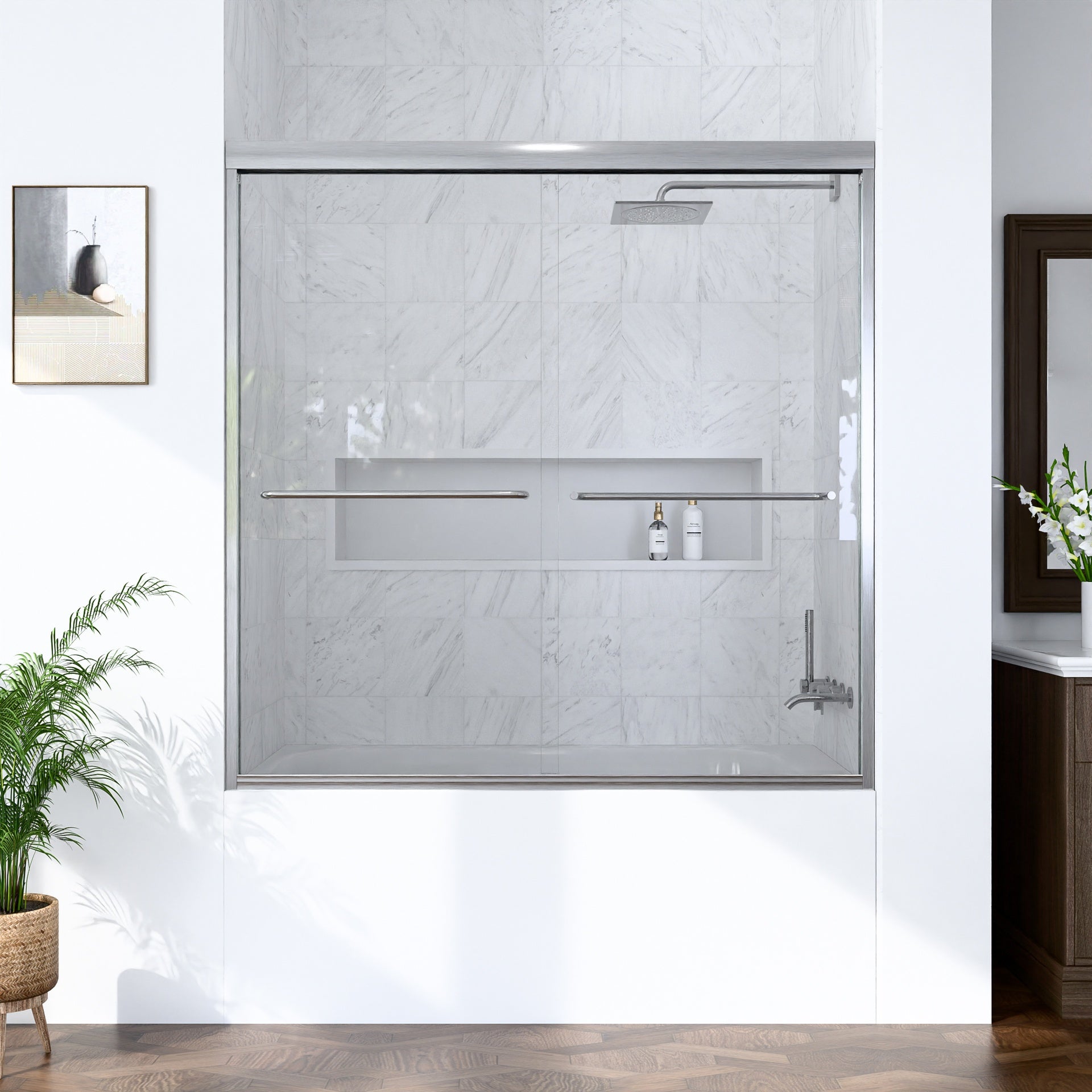 56"-60"W*60" H Semi-Frameless Double Sliding Shower Door, Bypass Shower Door, 1/4" (6mm) Thick SGCC Tempered Glass Door, Brushed Nickel