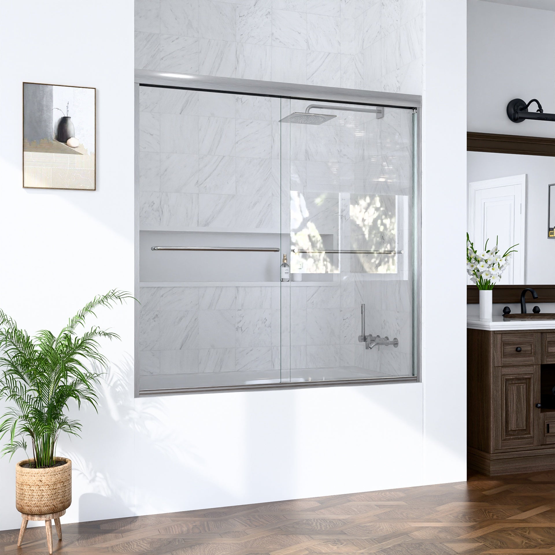 56"-60"W*60" H Semi-Frameless Double Sliding Shower Door, Bypass Shower Door, 1/4" (6mm) Thick SGCC Tempered Glass Door, Brushed Nickel
