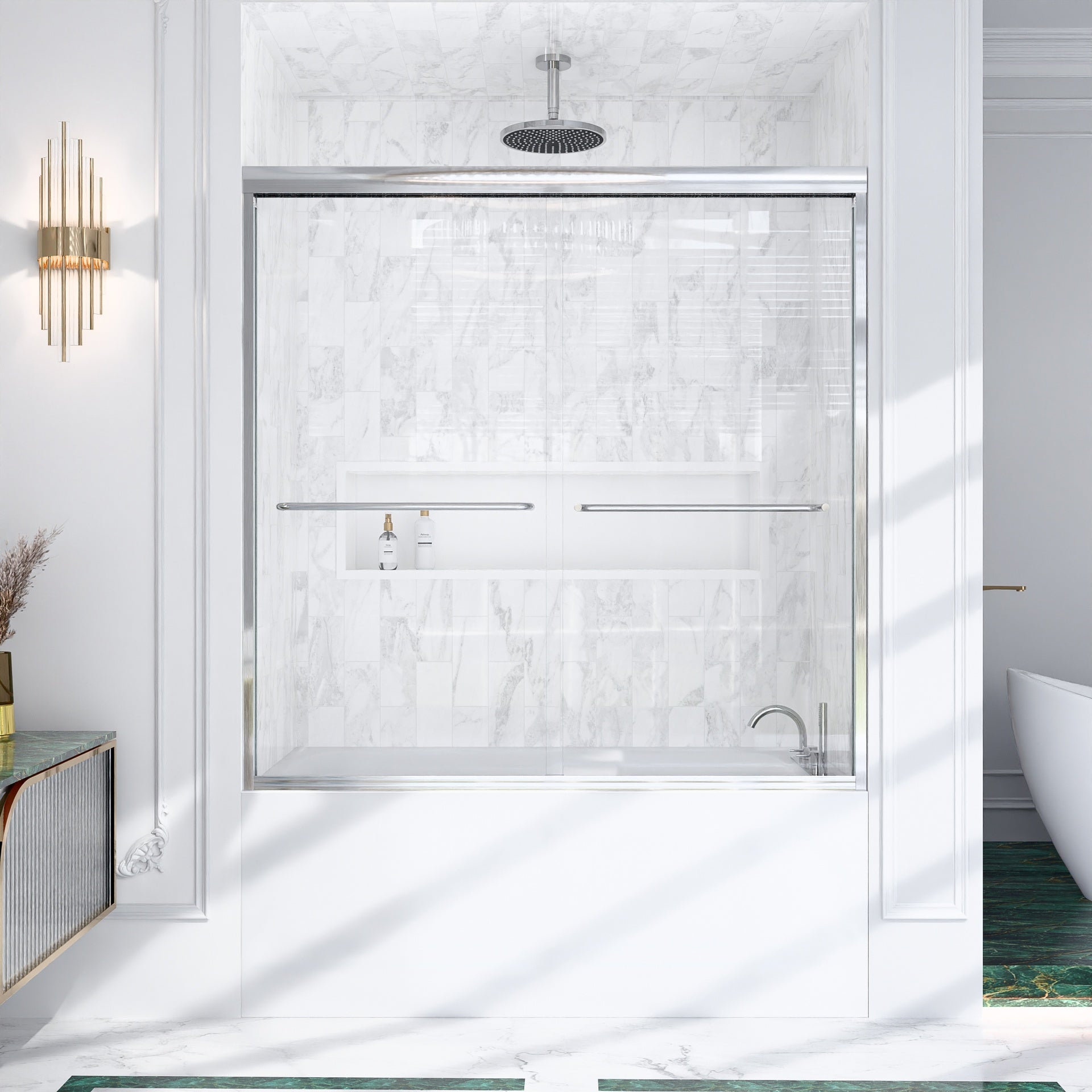 56"-60"W*60" H Semi-Frameless Double Sliding Shower Door, Bypass Shower Door, 1/4" (6mm) Thick SGCC Tempered Glass Door, Brushed Nickel