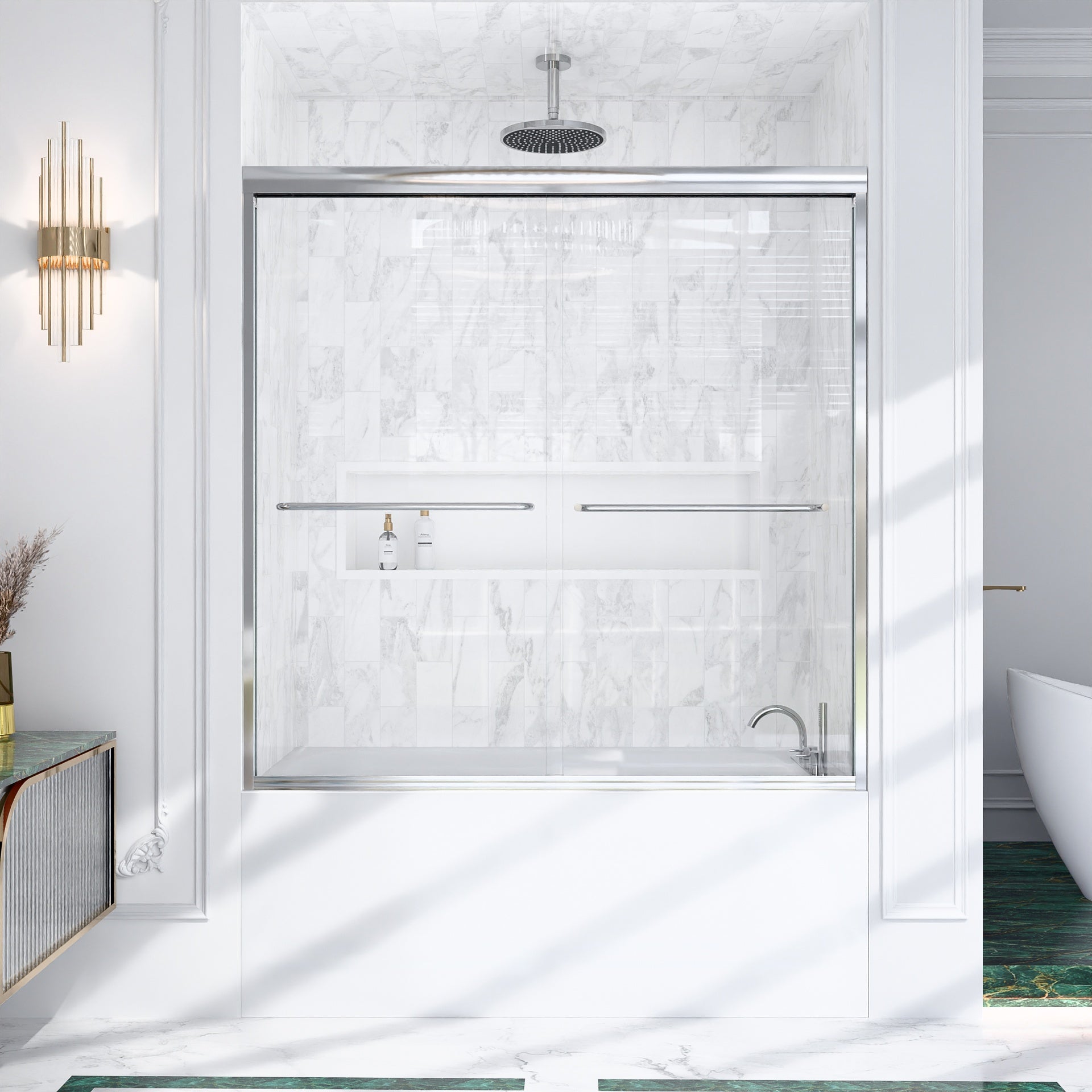 56"-60"W*60" H Semi-Frameless Double Sliding Shower Door, Bypass Shower Door, 1/4" (6mm) Thick SGCC Tempered Glass Door,Chrome