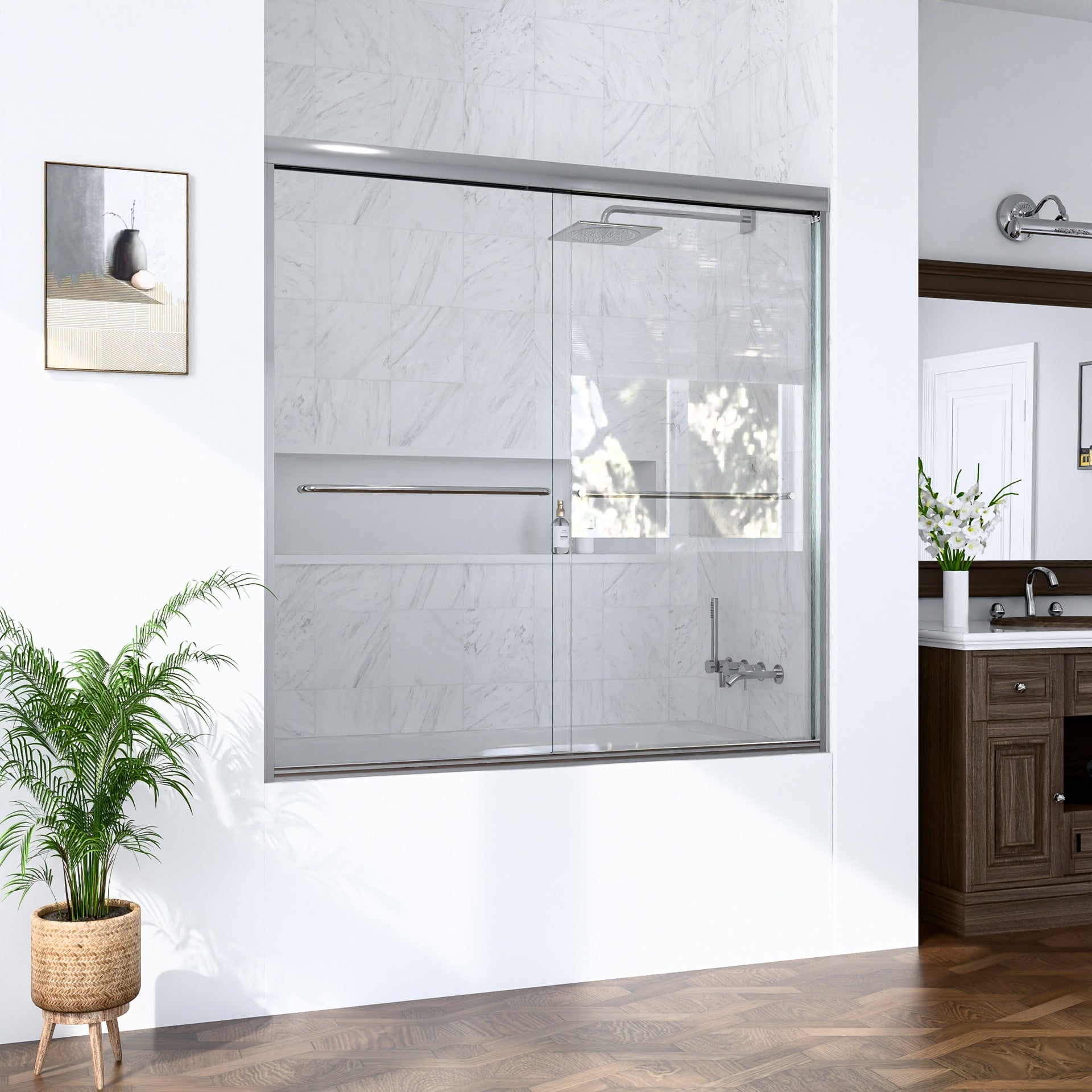 56"-60"W*60" H Semi-Frameless Double Sliding Shower Door, Bypass Shower Door, 1/4" (6mm) Thick SGCC Tempered Glass Door,Chrome