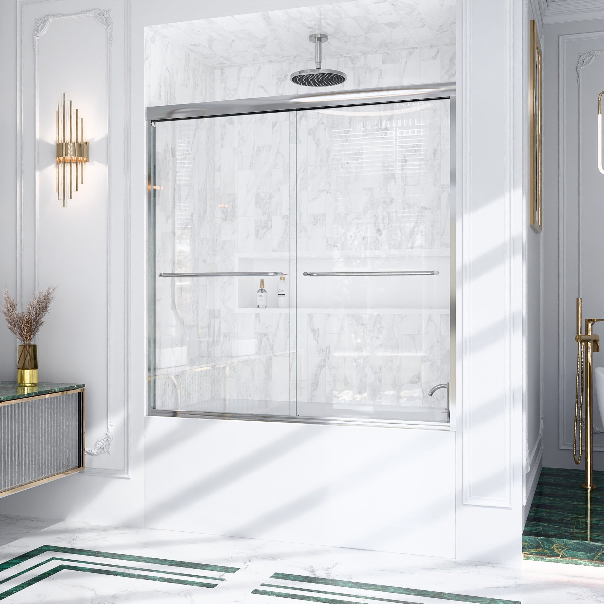 56"-60"W*60" H Semi-Frameless Double Sliding Shower Door, Bypass Shower Door, 1/4" (6mm) Thick SGCC Tempered Glass Door,Chrome
