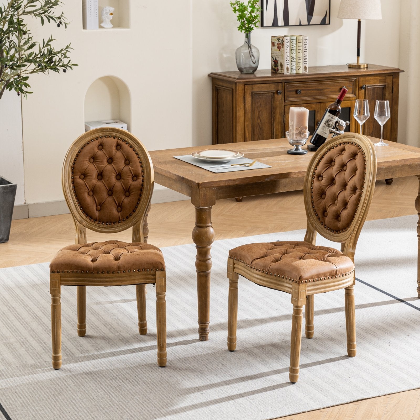 French Style Solid Wood Frame Antique Painting,Hand-pulled buckle decoration PU artificial leather Dining Chair with Nailhead Trim ,Wood Legs,Density Foam,Steel Spring inner,Set of 2,Orange,SW1839OG