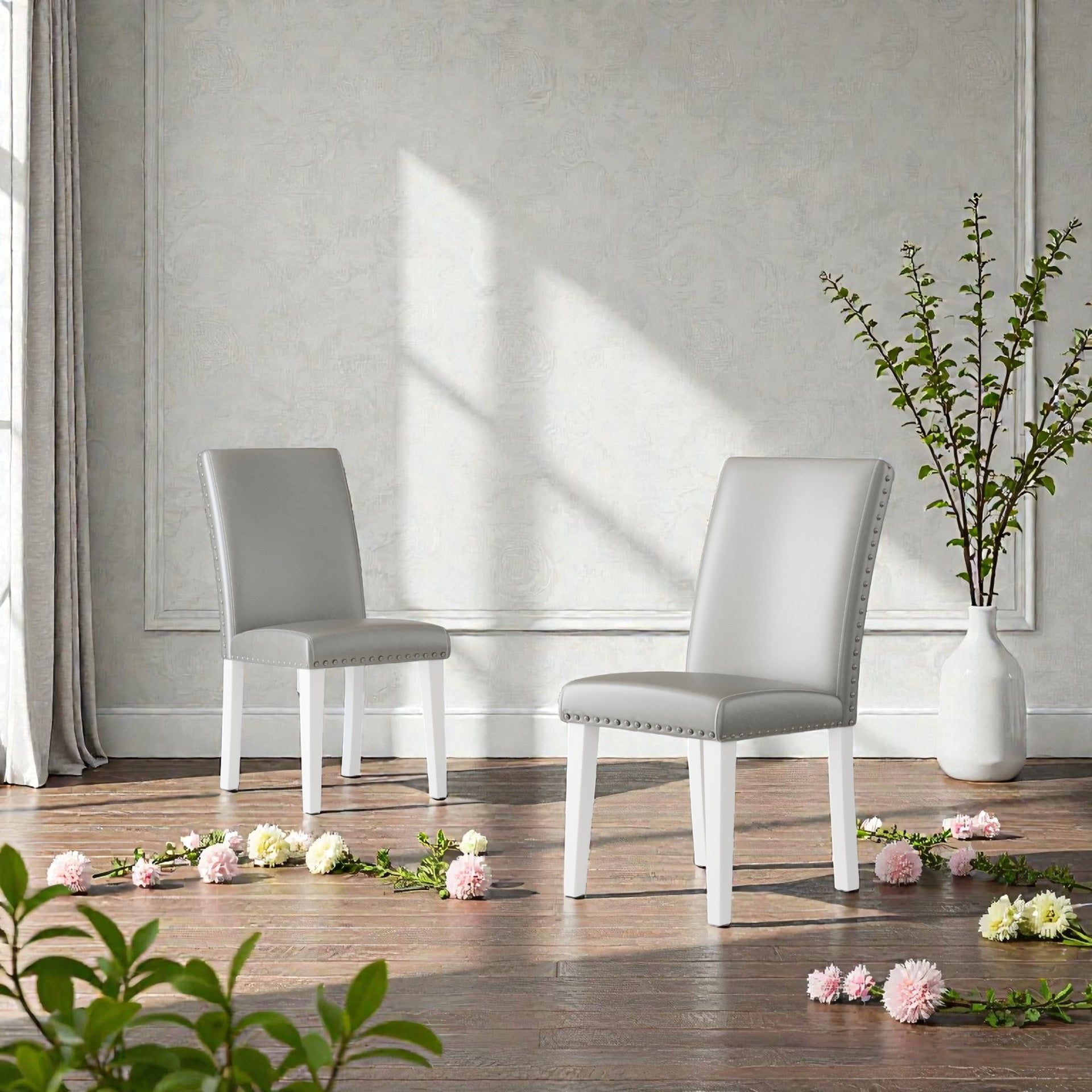 25" x 17.7" x 37.8" Upholstery Dining Chair (Set-2), Silver+White