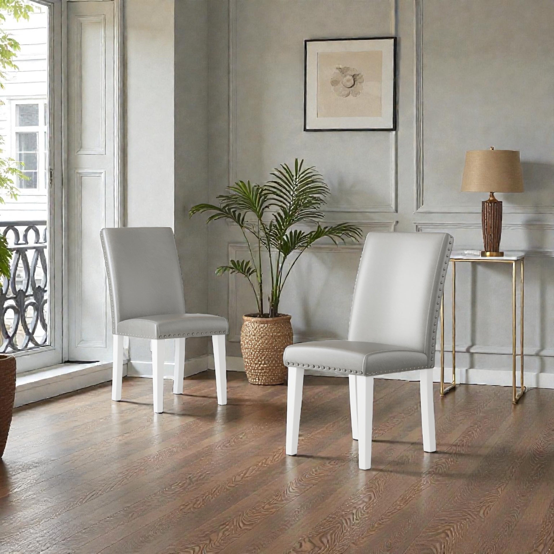 25" x 17.7" x 37.8" Upholstery Dining Chair (Set-2), Silver+White