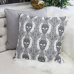 Gothic Damask Skull Throw Pillow – Black & White Cotton Linen Set of 2
