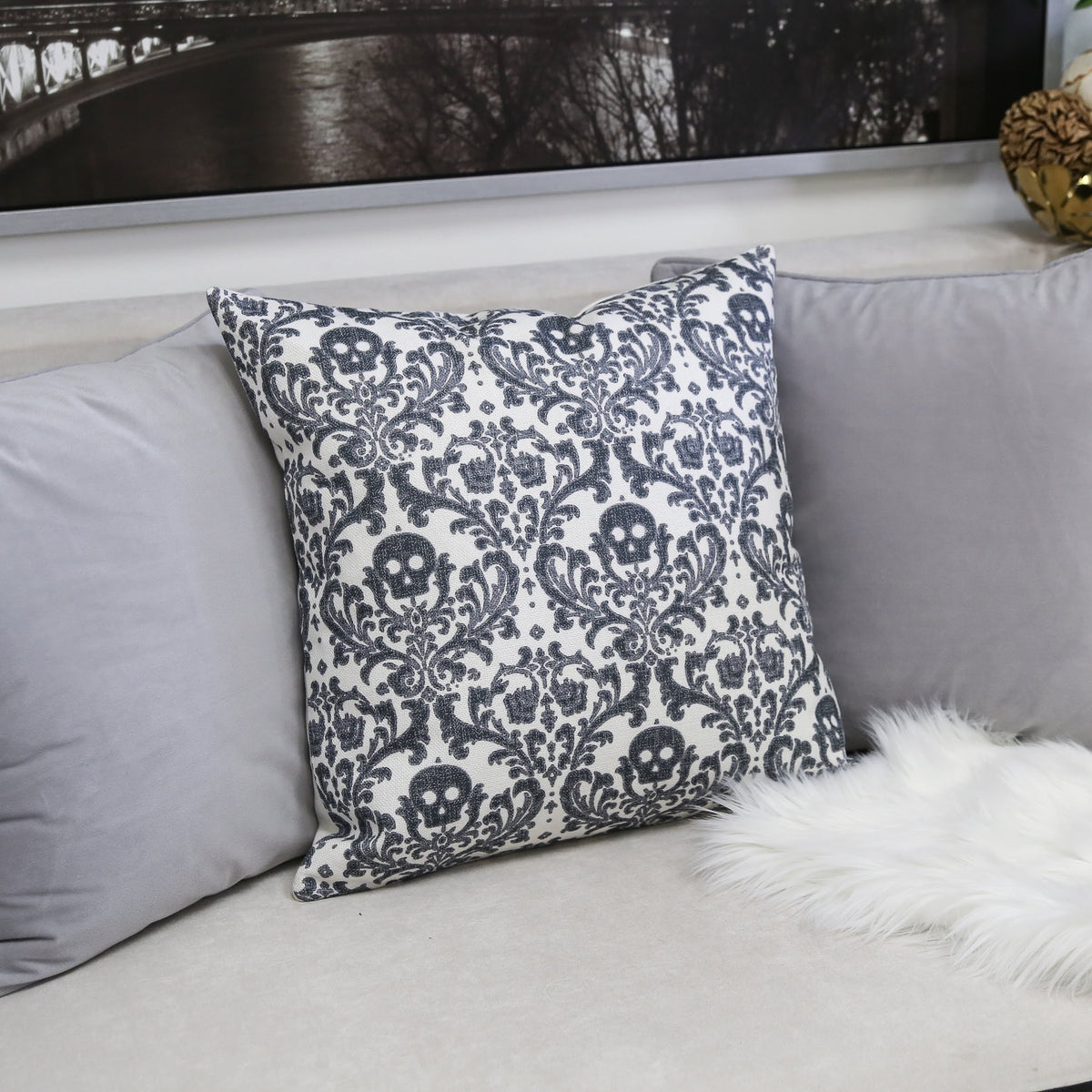 Baroque Skull Throw Pillow – Black & White Day of the Dead Accent Cushion Set of 2
