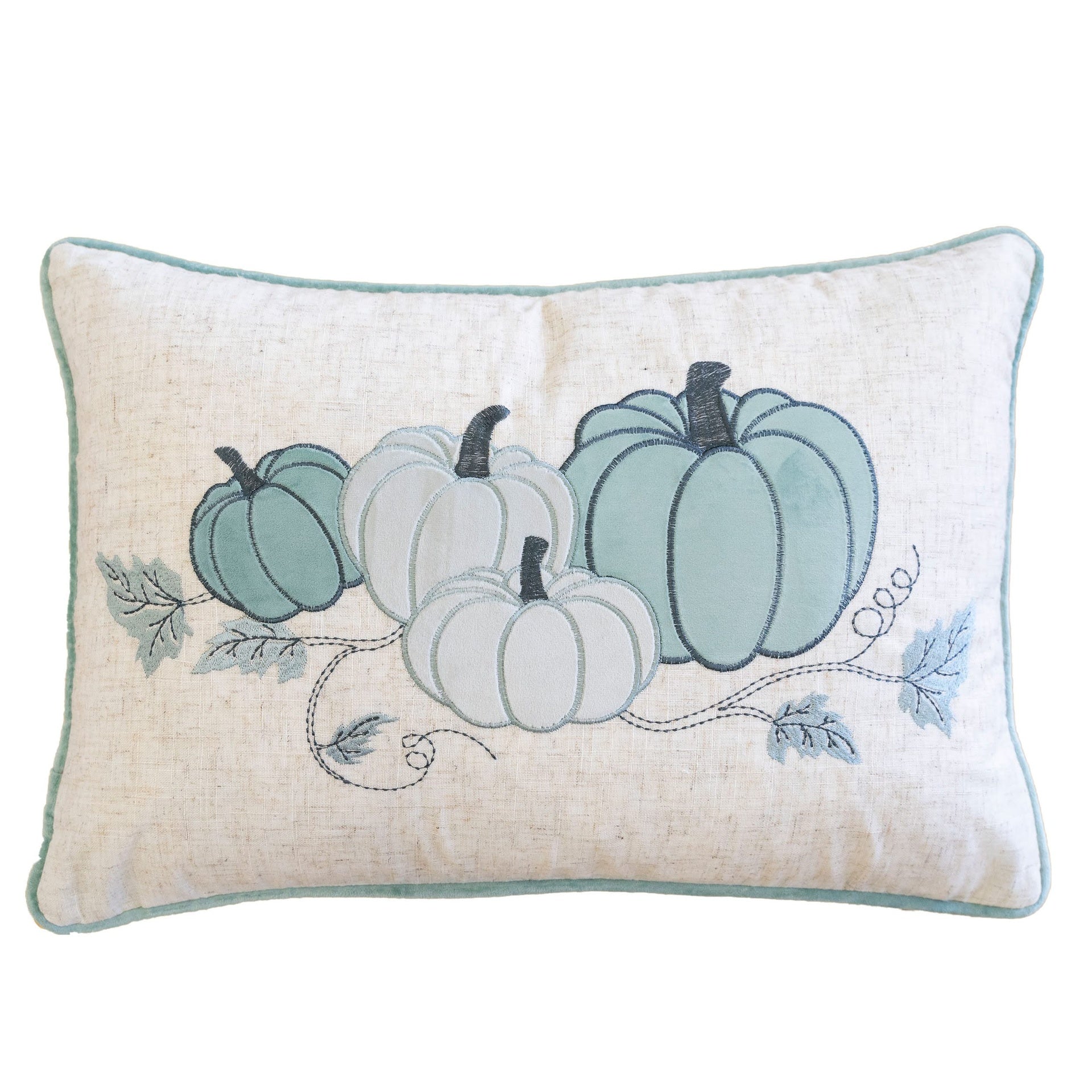 Embroidered Pumpkin Lumbar Throw Pillow – Misty Blue Fall Accent Cushion Set of 2