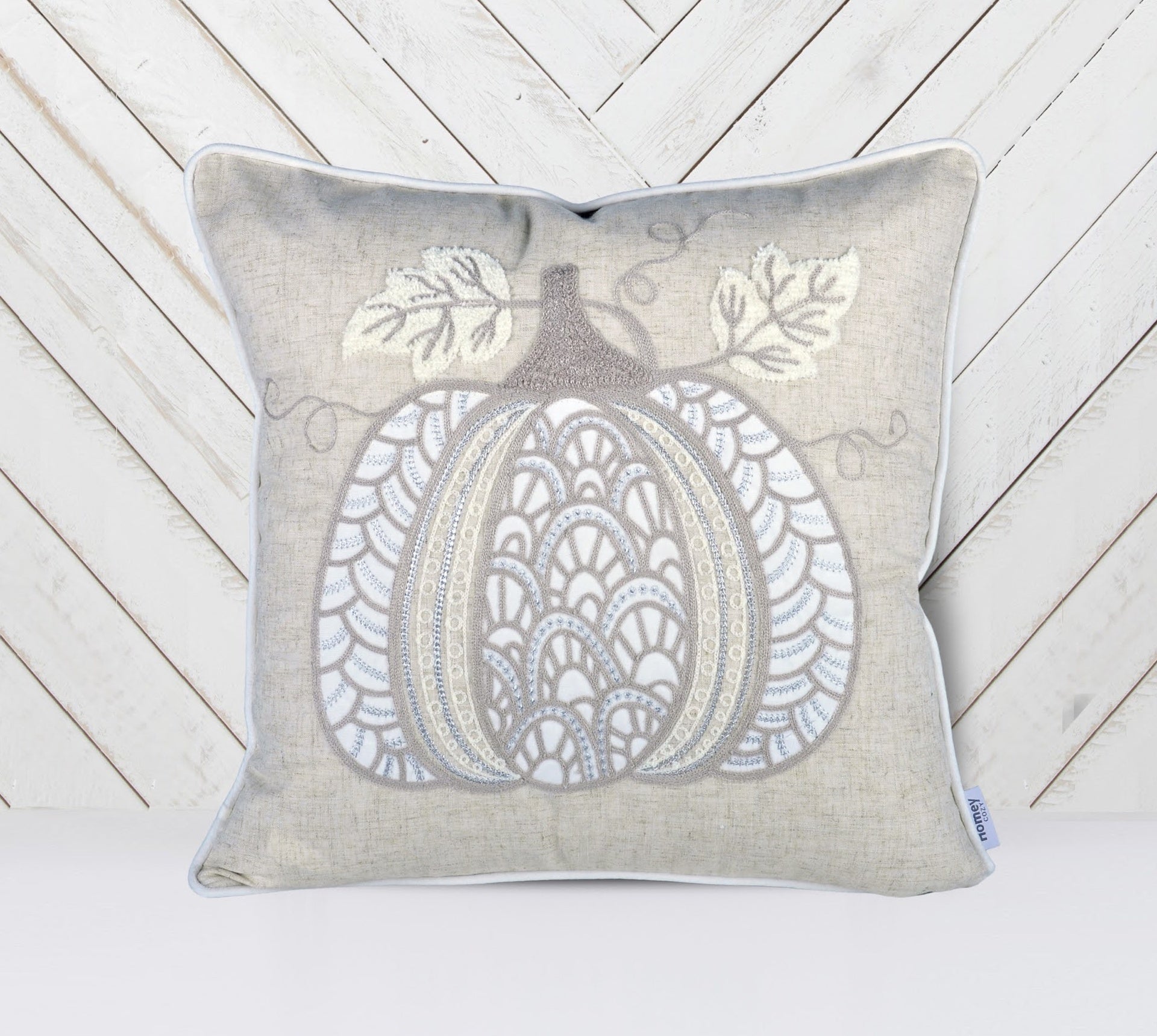 Lace Embroidered Pumpkin Throw Pillow – Neutral Fall Accent Cushion Set of 2