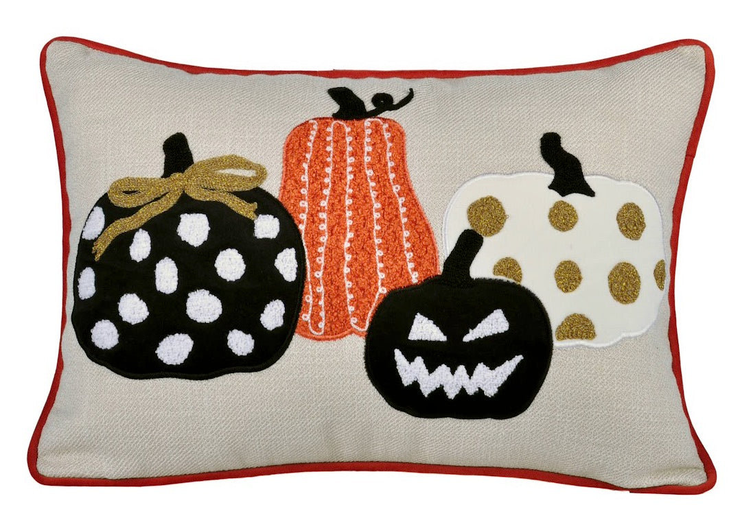 Halloween Pumpkin Embroidered Throw Pillow – Spooky Polka Dot Linen Cushion Set of 2